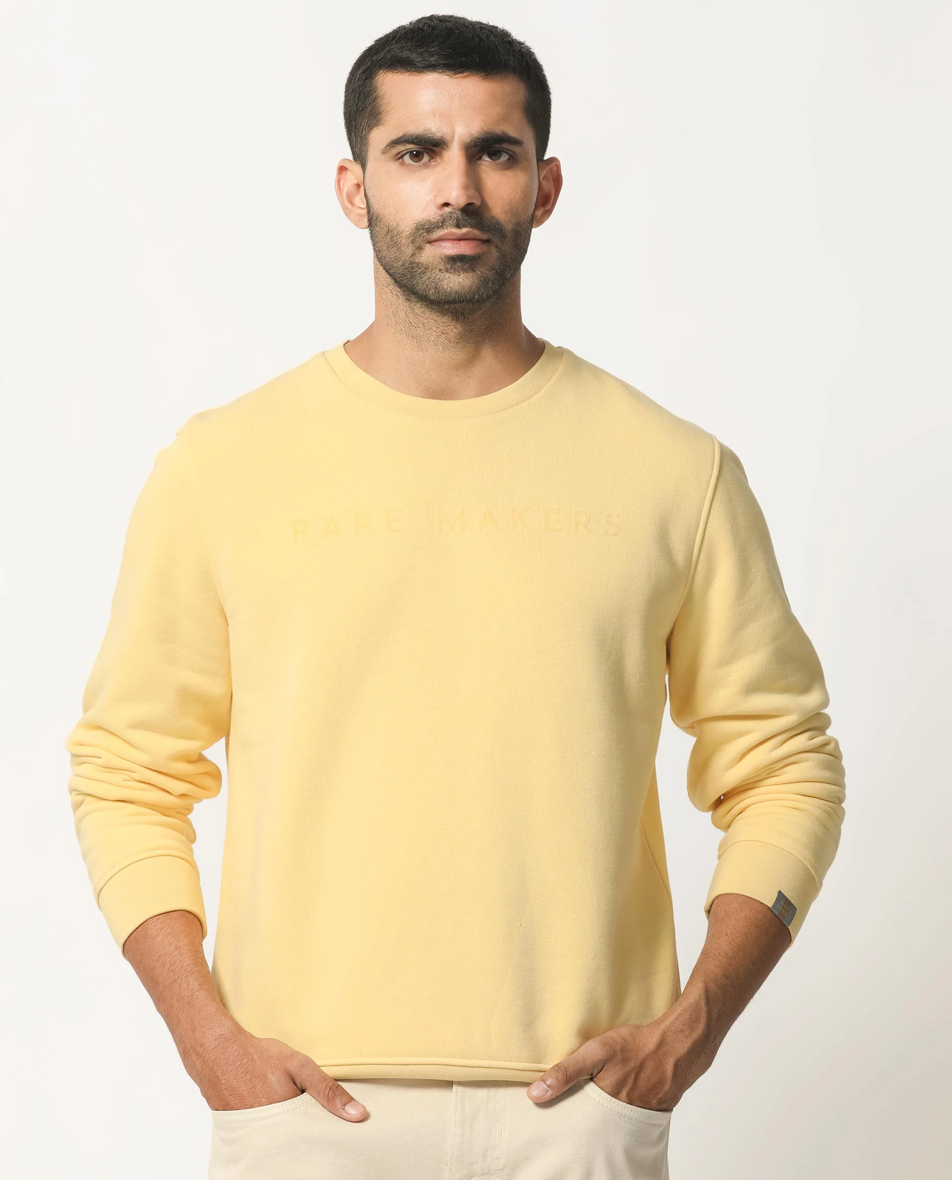 Rare Rabbit Men's Marko Yellow Cotton Graphic Print Regular Fit Full Sleeve Crew Neck Sweatshirt - Image 8