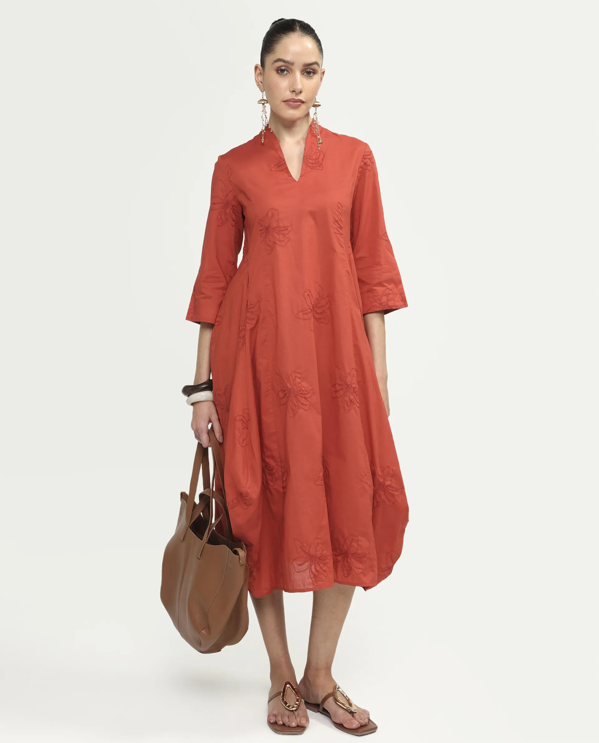 Rareism Women's Marky Rust Cotton 3/4Th Sleeve V-Neck Relaxed Embroidered Dress