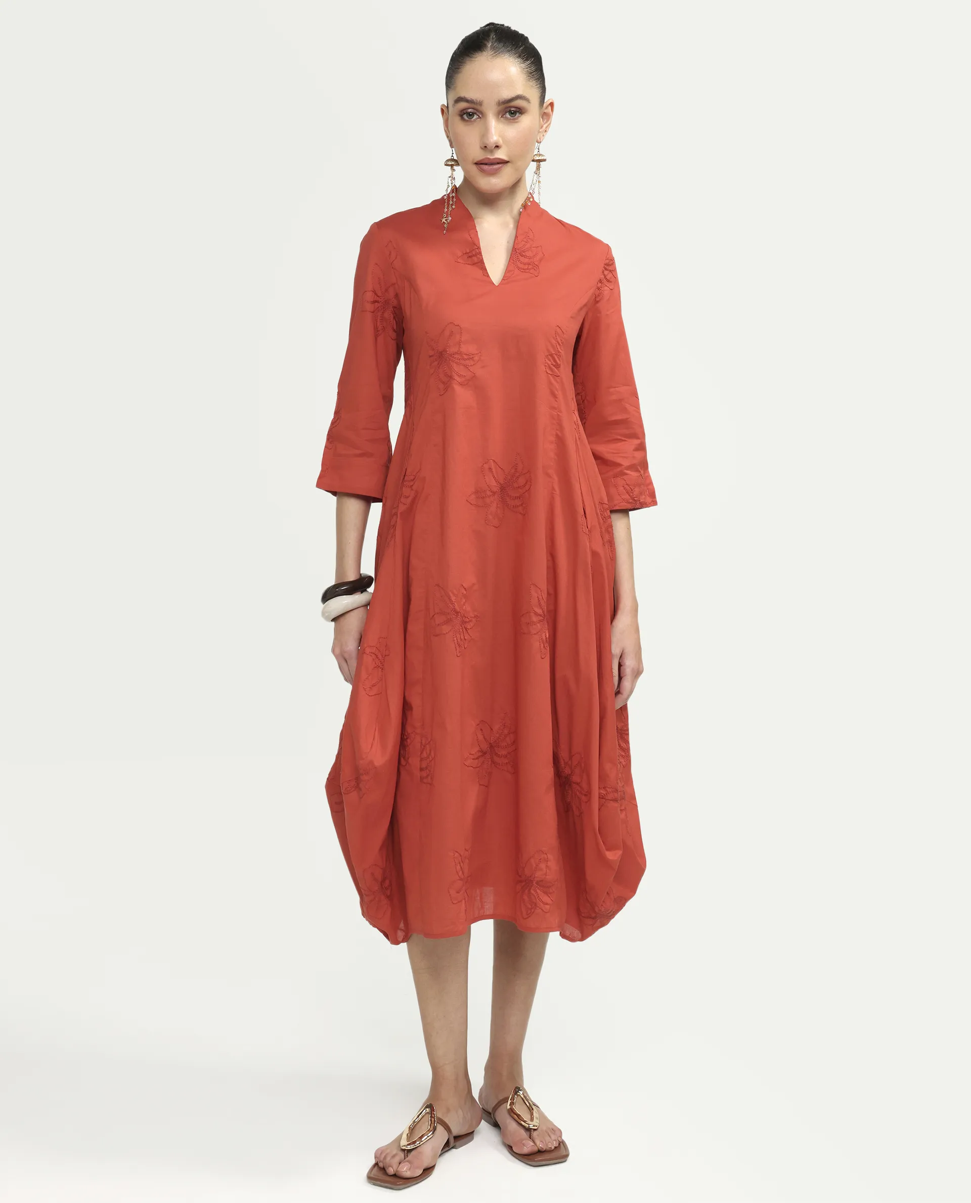Rareism Women's Marky Rust Cotton 3/4Th Sleeve V-Neck Relaxed Embroidered Dress - Image 2