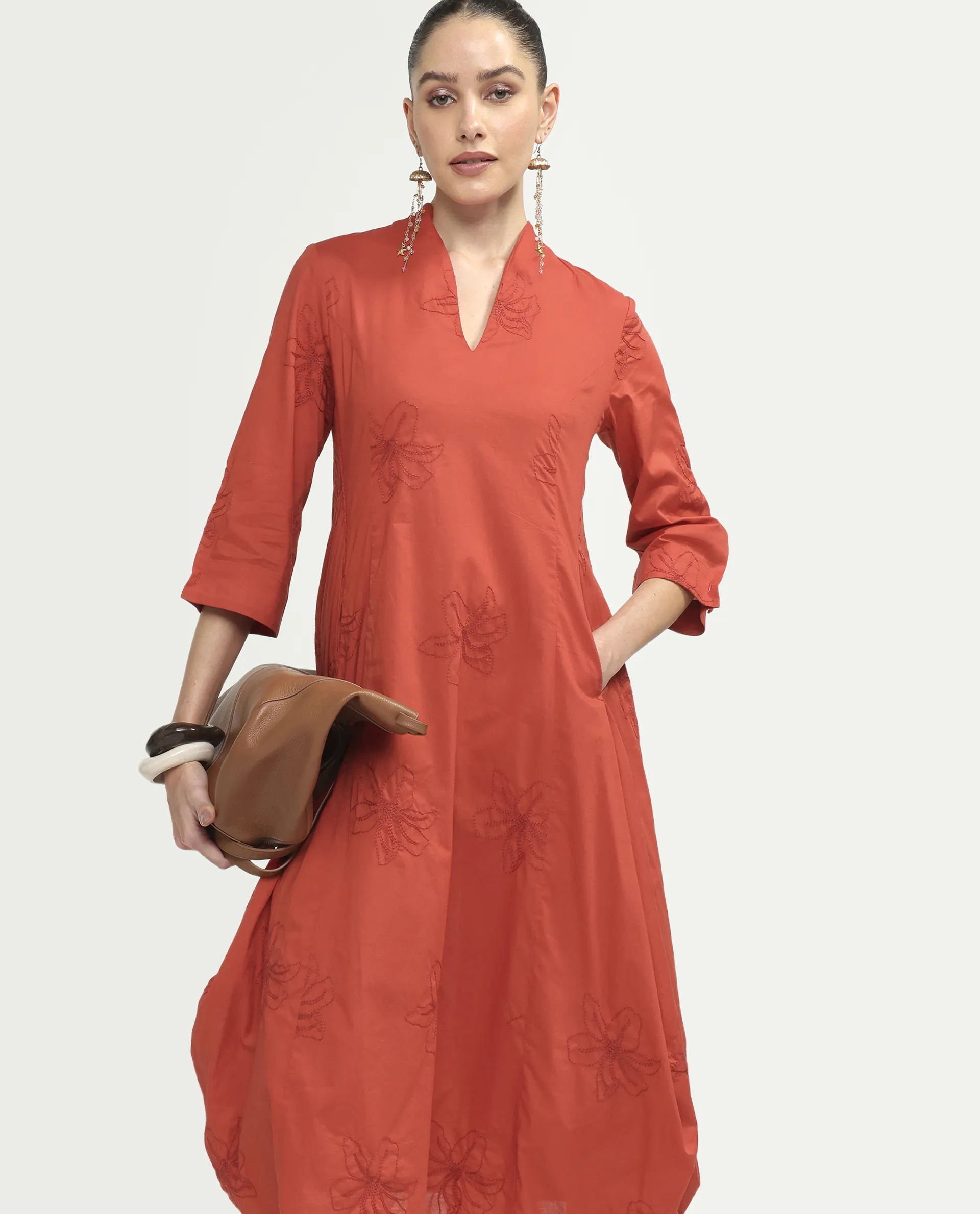 Rareism Women's Marky Rust Cotton 3/4Th Sleeve V-Neck Relaxed Embroidered Dress - Image 3