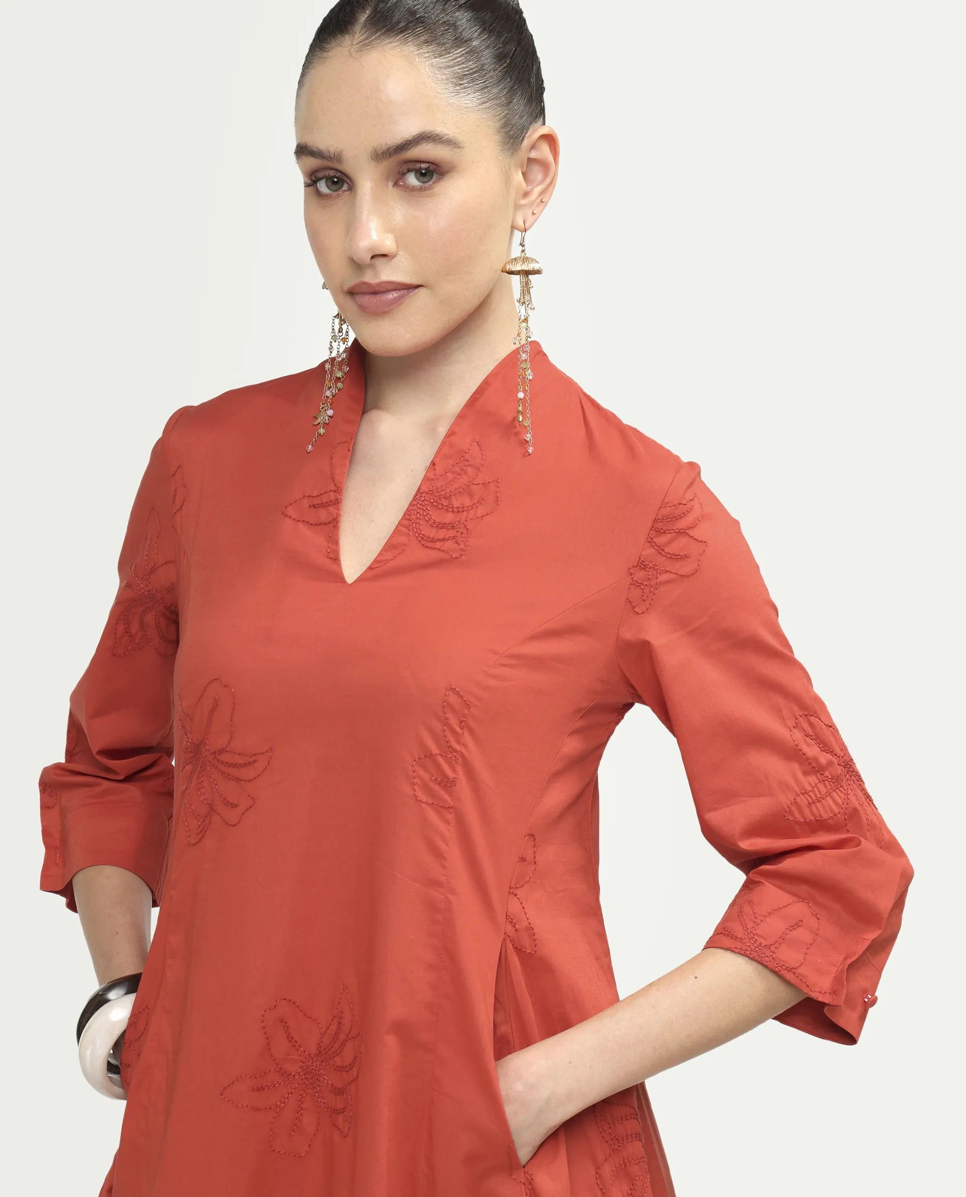 Rareism Women's Marky Rust Cotton 3/4Th Sleeve V-Neck Relaxed Embroidered Dress - Image 4
