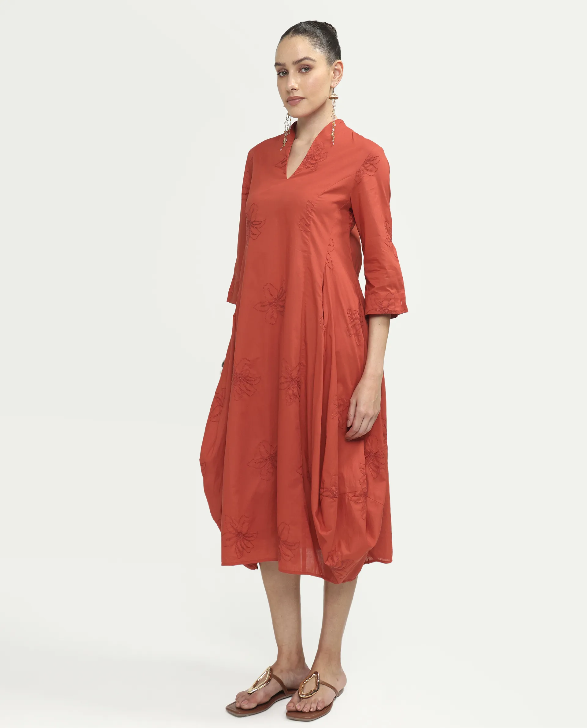 Rareism Women's Marky Rust Cotton 3/4Th Sleeve V-Neck Relaxed Embroidered Dress - Image 5