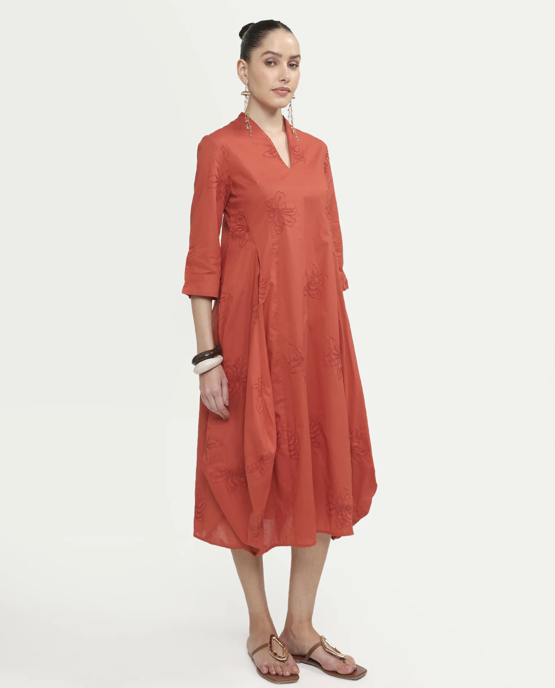 Rareism Women's Marky Rust Cotton 3/4Th Sleeve V-Neck Relaxed Embroidered Dress - Image 6
