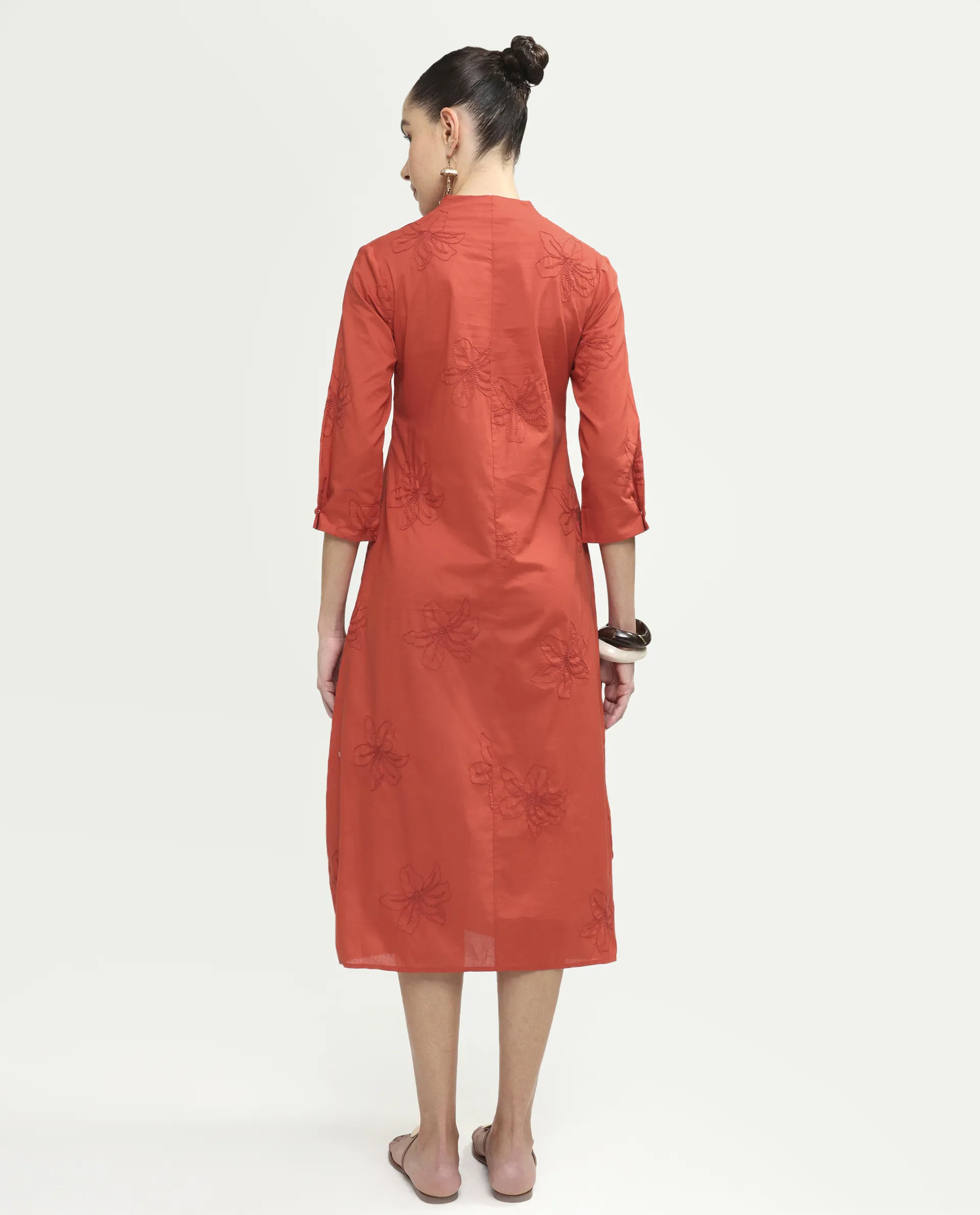 Rareism Women's Marky Rust Cotton 3/4Th Sleeve V-Neck Relaxed Embroidered Dress - Image 7