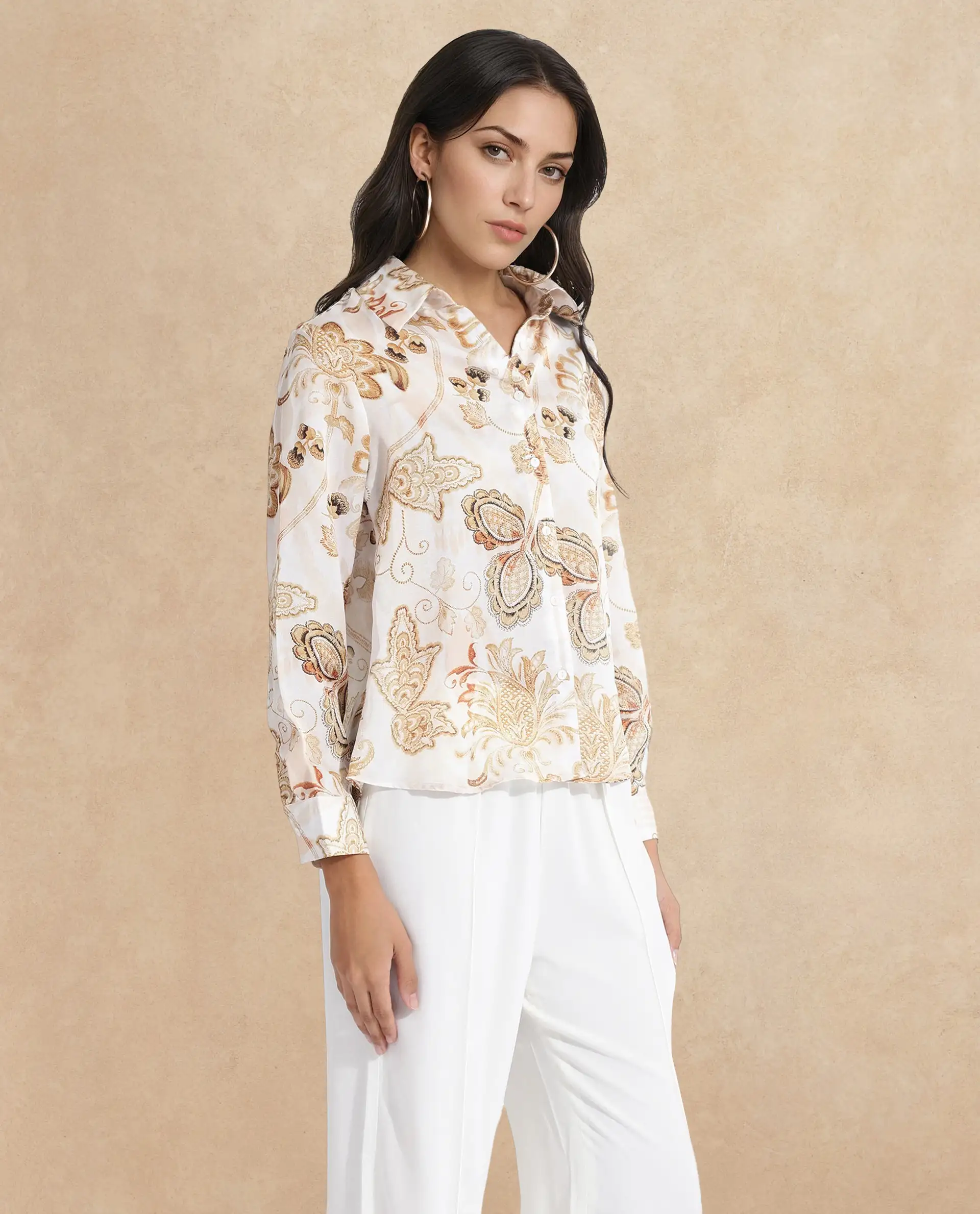 Rareism Women's Marl Multi Polyester Drop Collar Paisley Print Cuffed Sleeve Regular Fit Shirt - Image 3