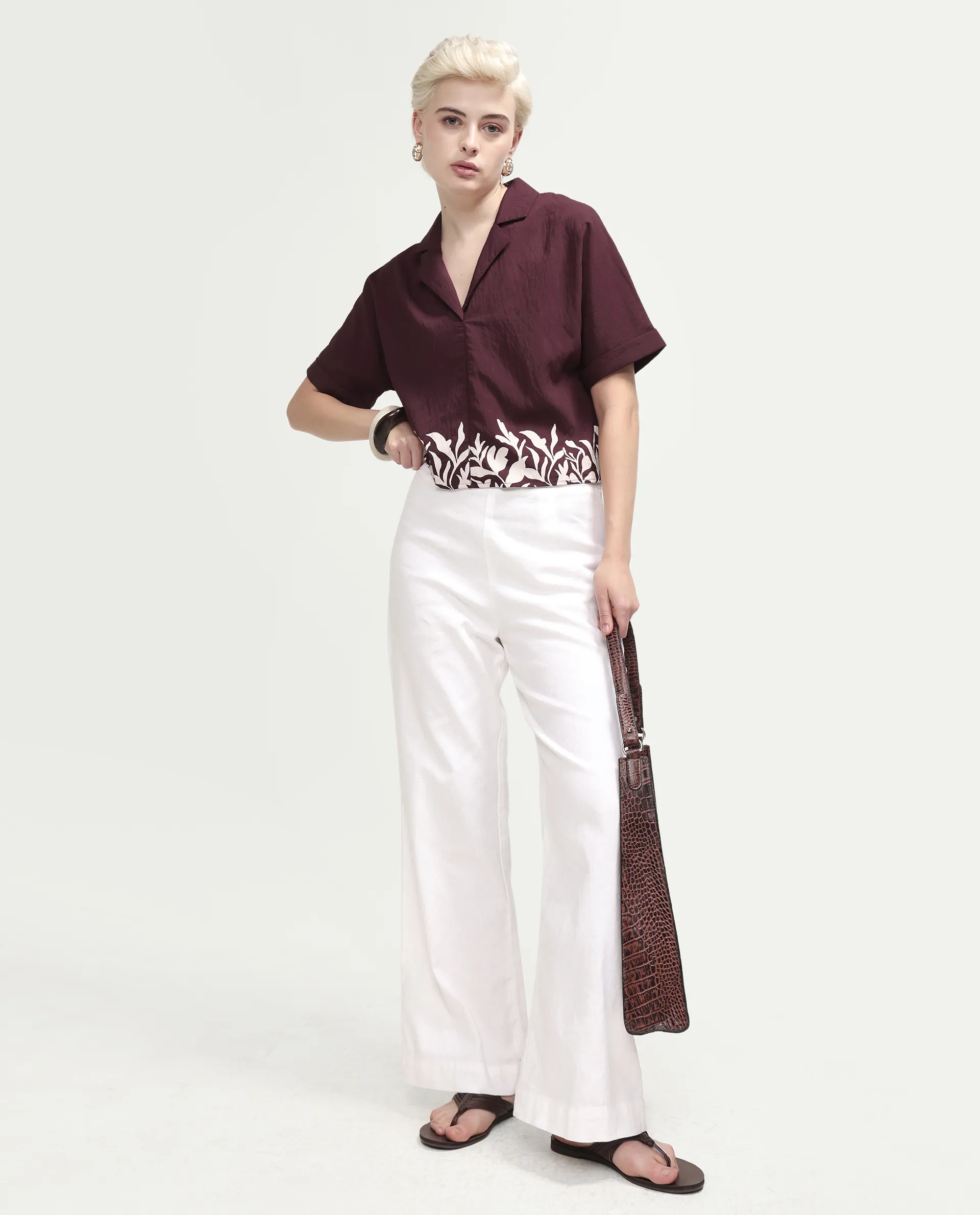 Rareism Women's Marlap Maroon Nylon Blend Half Sleeve Lapel Neck Regular Fit Abstract Print Top - Image 2