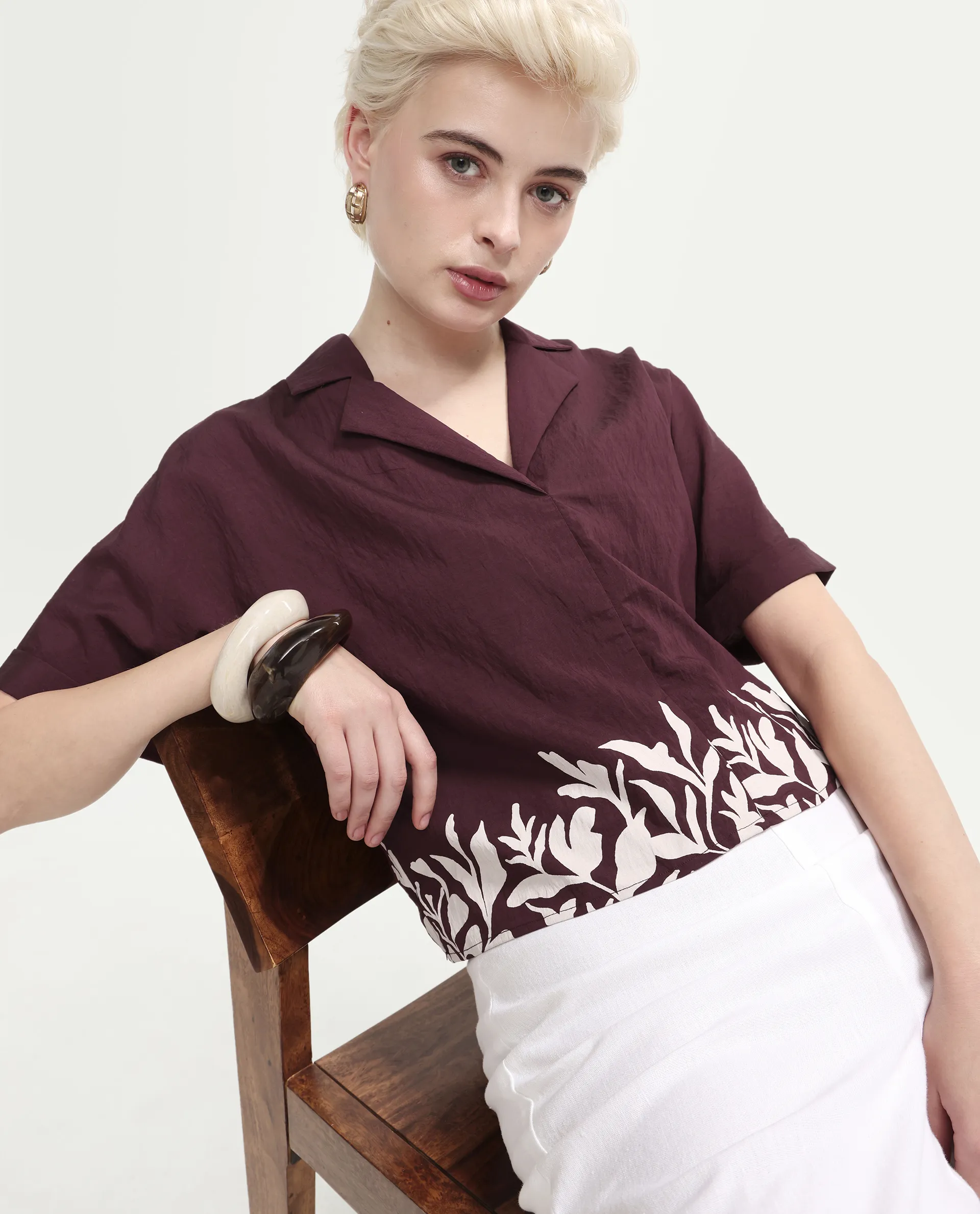 Rareism Women's Marlap Maroon Nylon Blend Half Sleeve Lapel Neck Regular Fit Abstract Print Top - Image 4