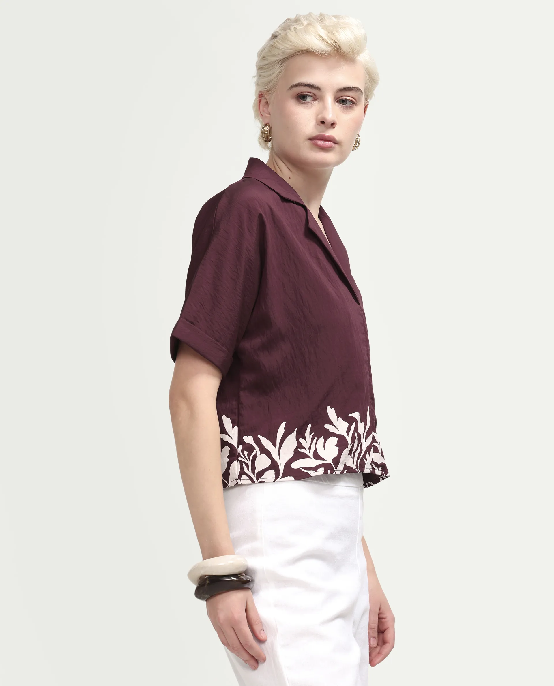 Rareism Women's Marlap Maroon Nylon Blend Half Sleeve Lapel Neck Regular Fit Abstract Print Top - Image 6