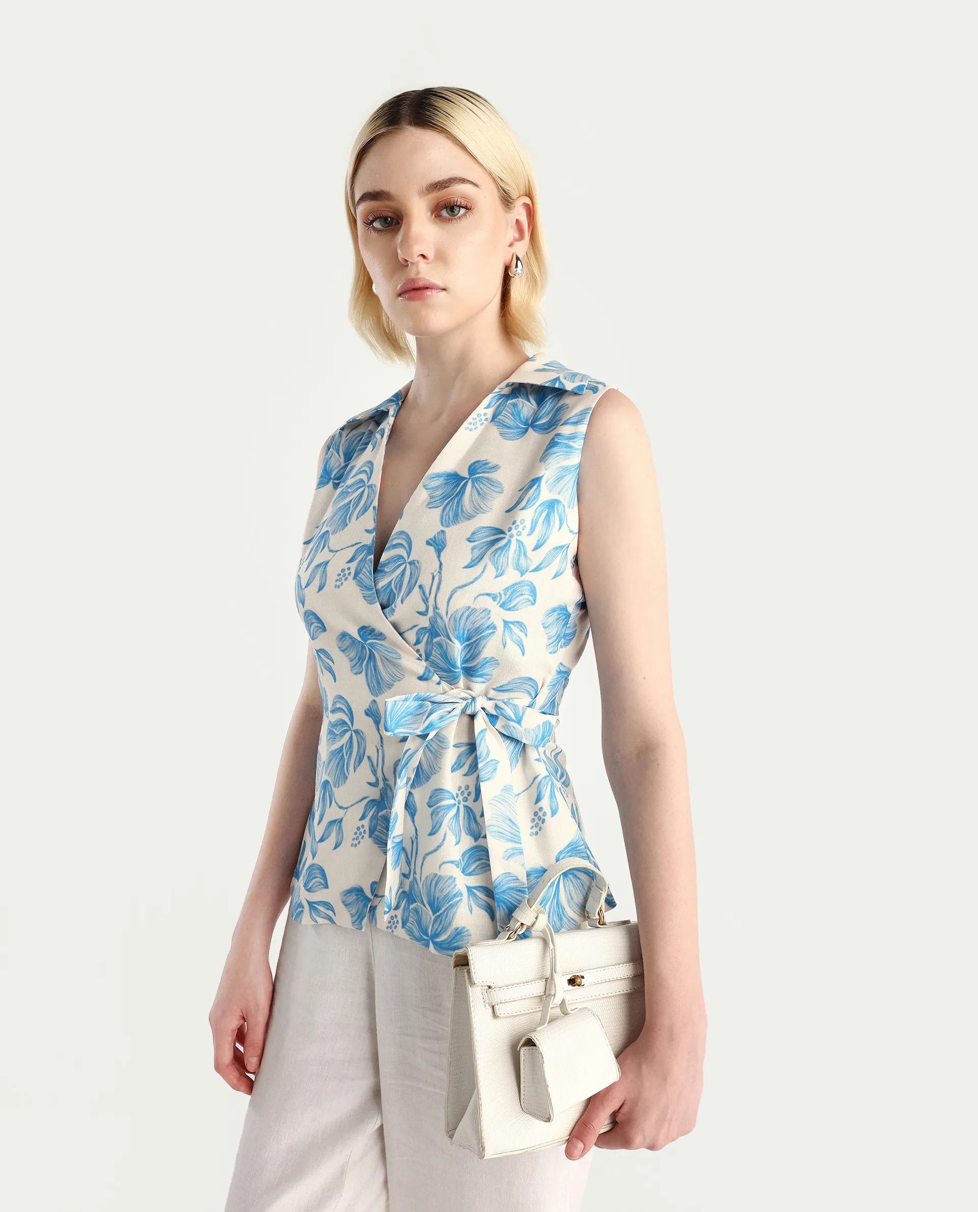 Rareism Women's Marlapi Blue Polyester Jonny Collar Fitted Top