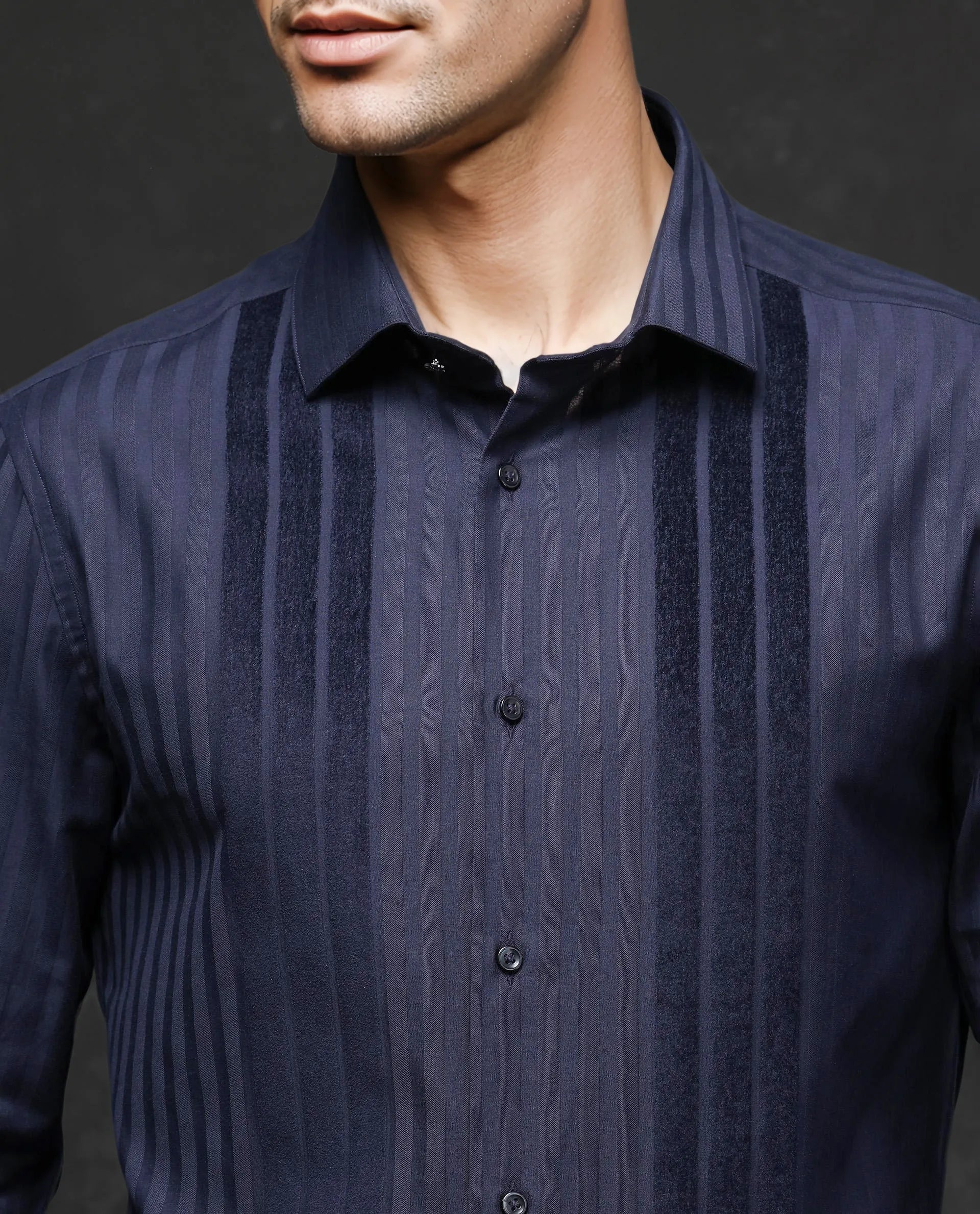 Rare Rabbit Men's Marlin-2 Navy Cotton Striped Print Regular Fit Full Sleeve Collared Shirt - Image 3
