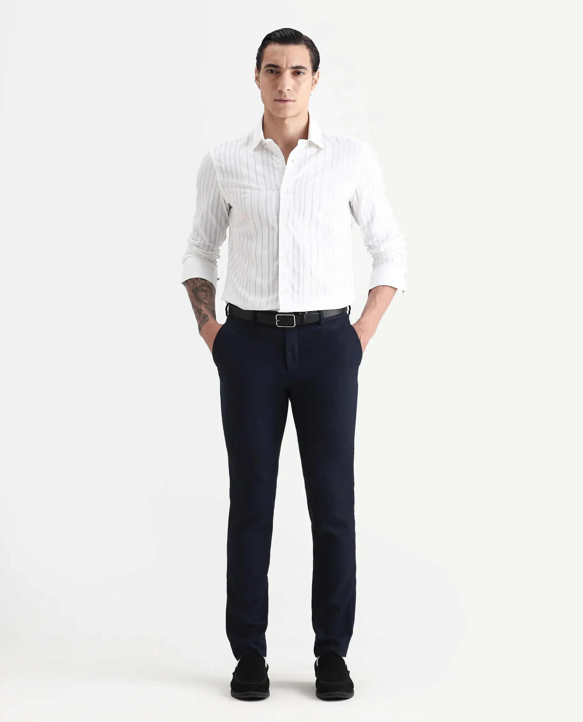 Rare Rabbit Men's Marlin White Cotton Striped Print Regular Fit Full Sleeve Collared Shirt - Image 2
