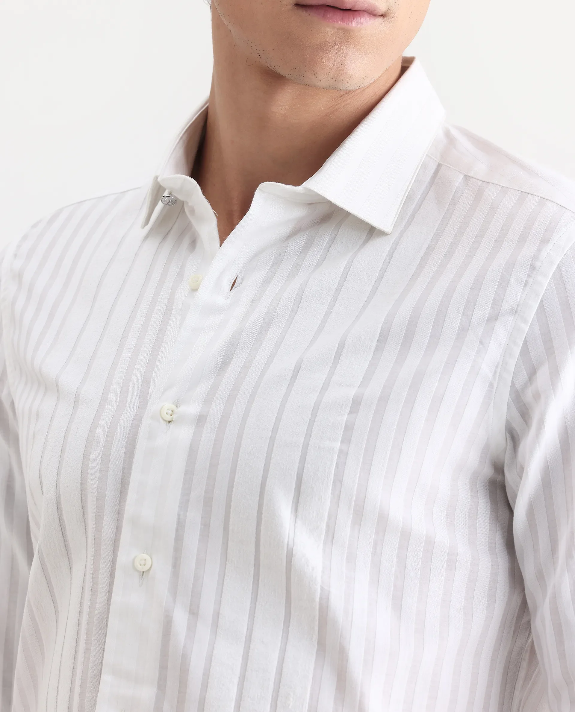 Rare Rabbit Men's Marlin White Cotton Striped Print Regular Fit Full Sleeve Collared Shirt - Image 3