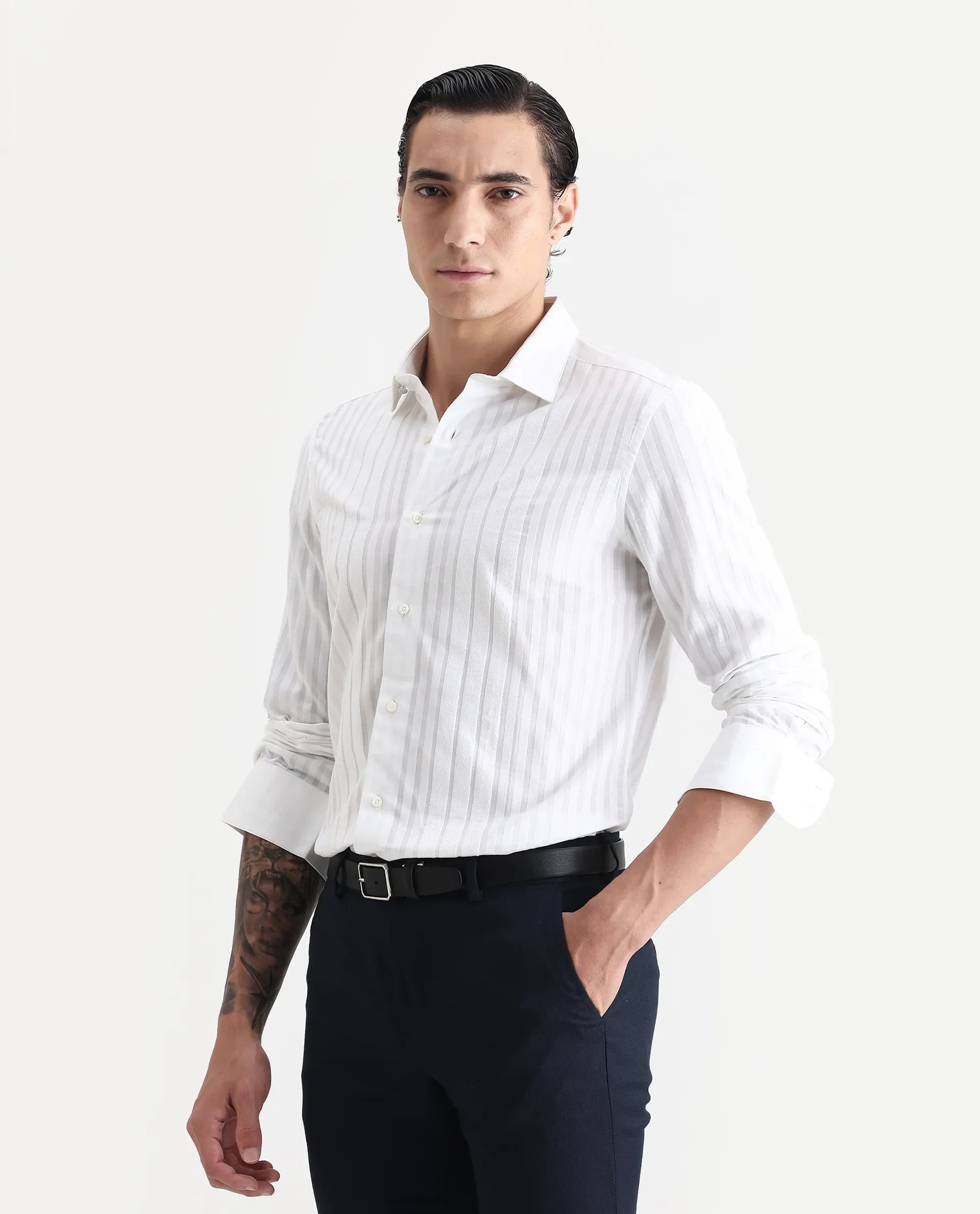 Rare Rabbit Men's Marlin White Cotton Striped Print Regular Fit Full Sleeve Collared Shirt - Image 4