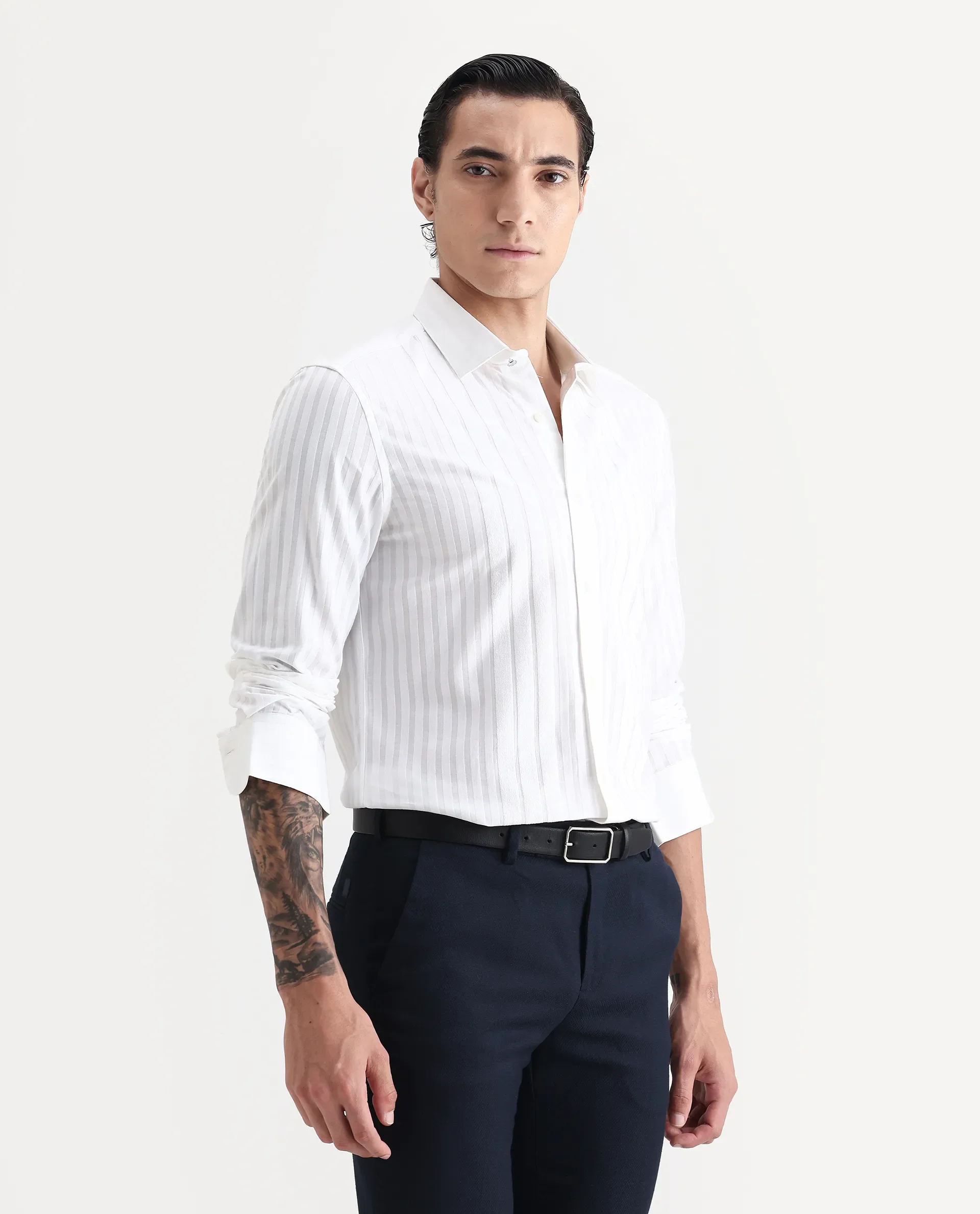 Rare Rabbit Men's Marlin White Cotton Striped Print Regular Fit Full Sleeve Collared Shirt - Image 5