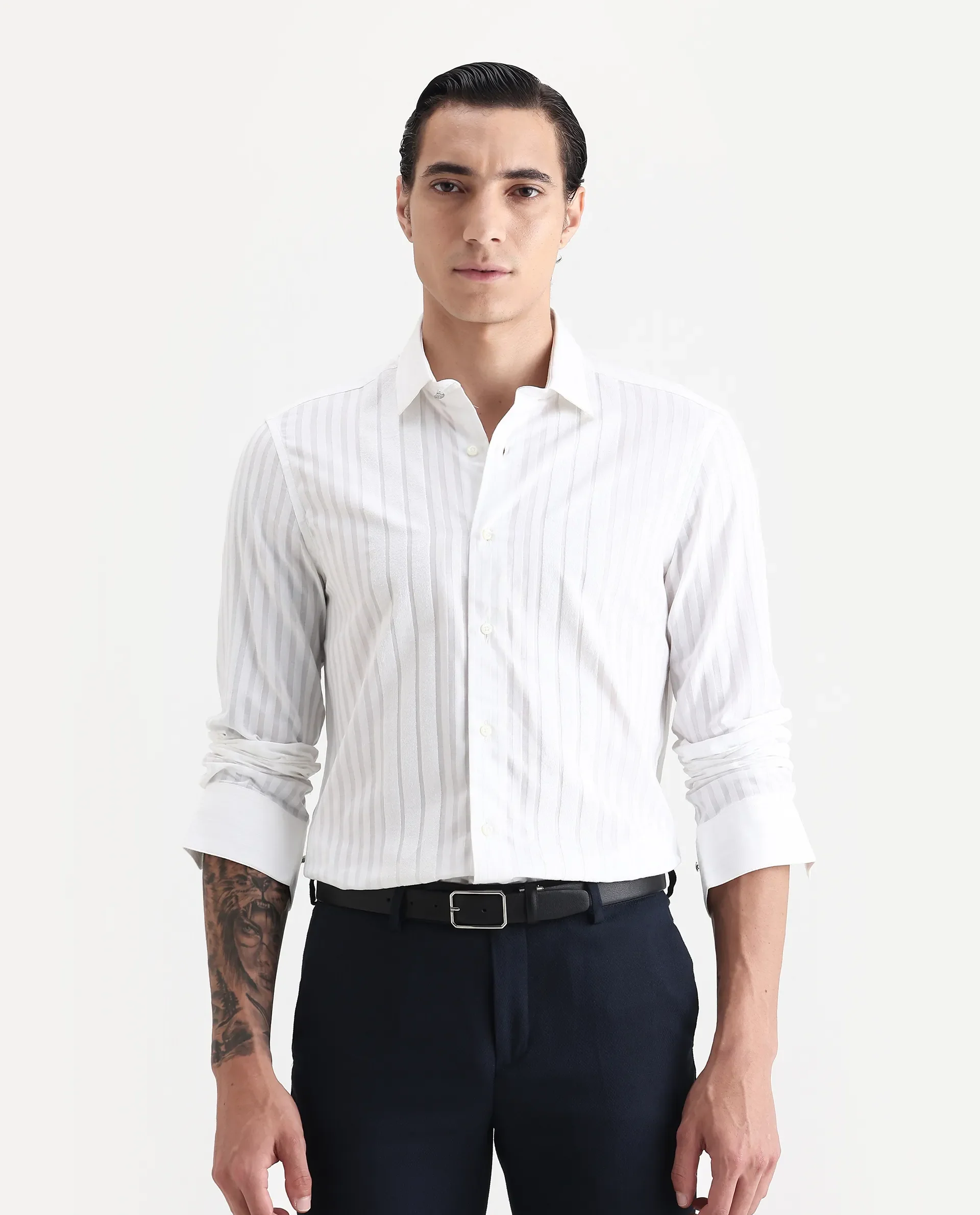 Rare Rabbit Men's Marlin White Cotton Striped Print Regular Fit Full Sleeve Collared Shirt - Image 7