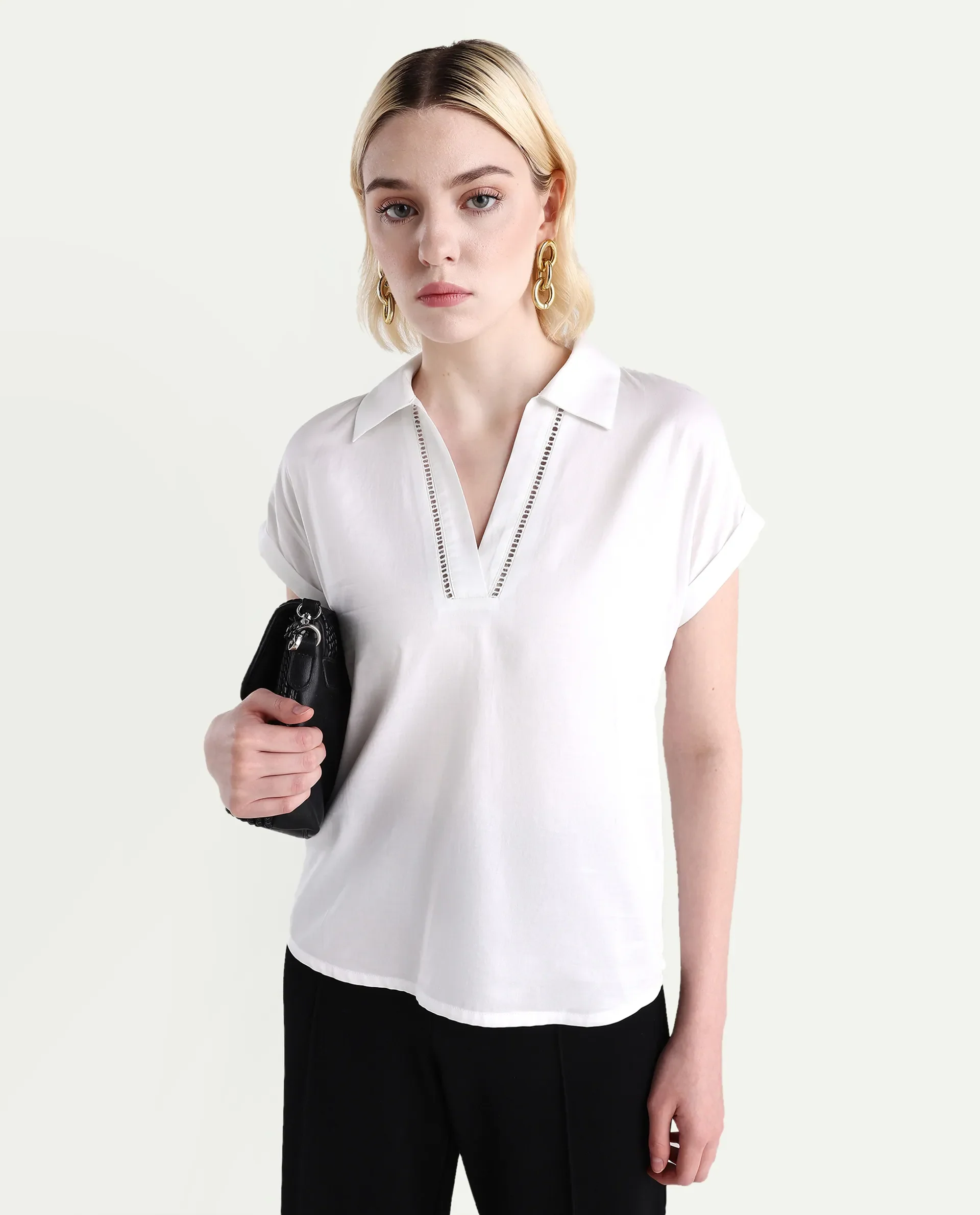 Rareism Women's Marlin White Cotton Jonny Collar Boxy Fit Top