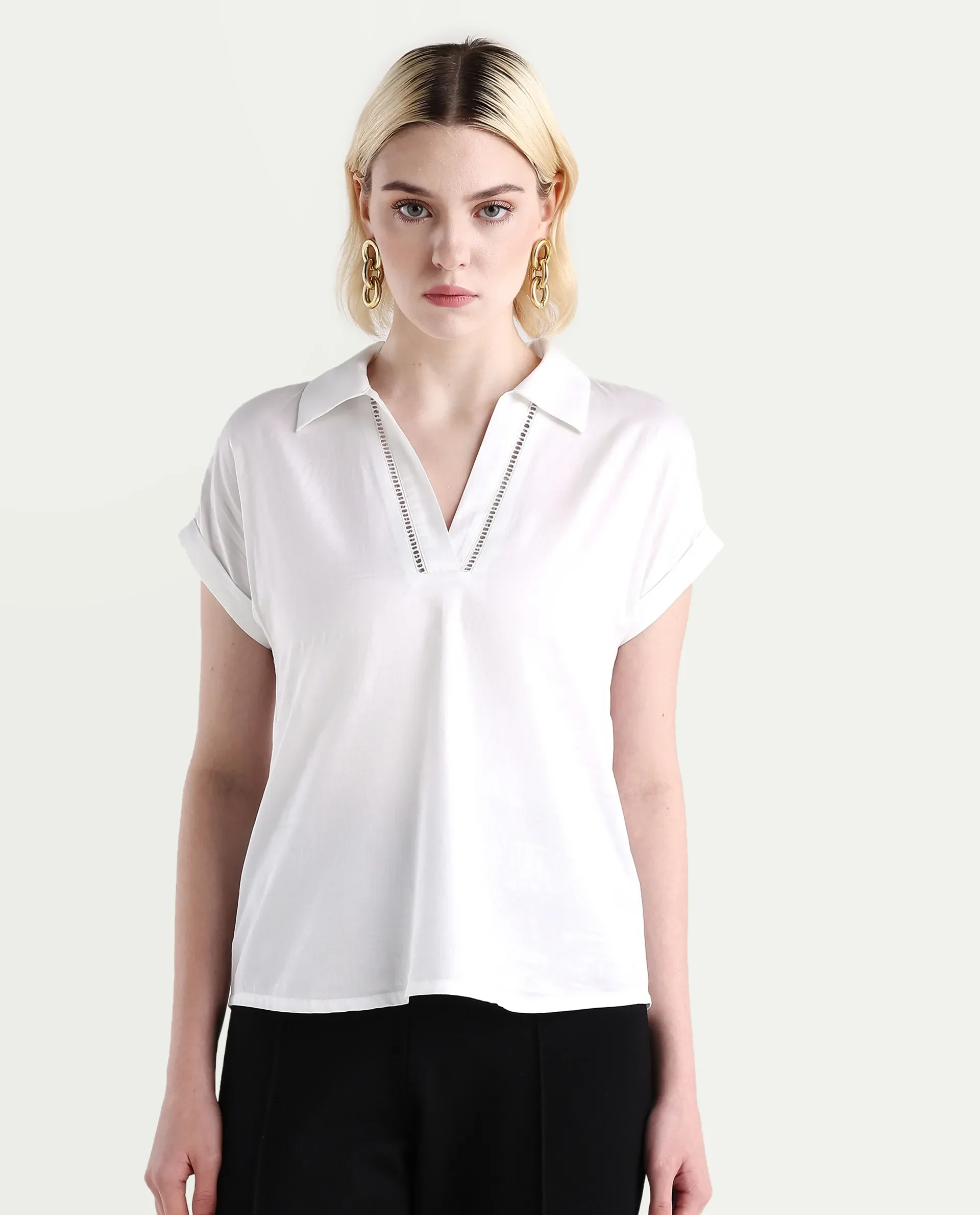 Rareism Women's Marlin White Cotton Jonny Collar Boxy Fit Top - Image 3