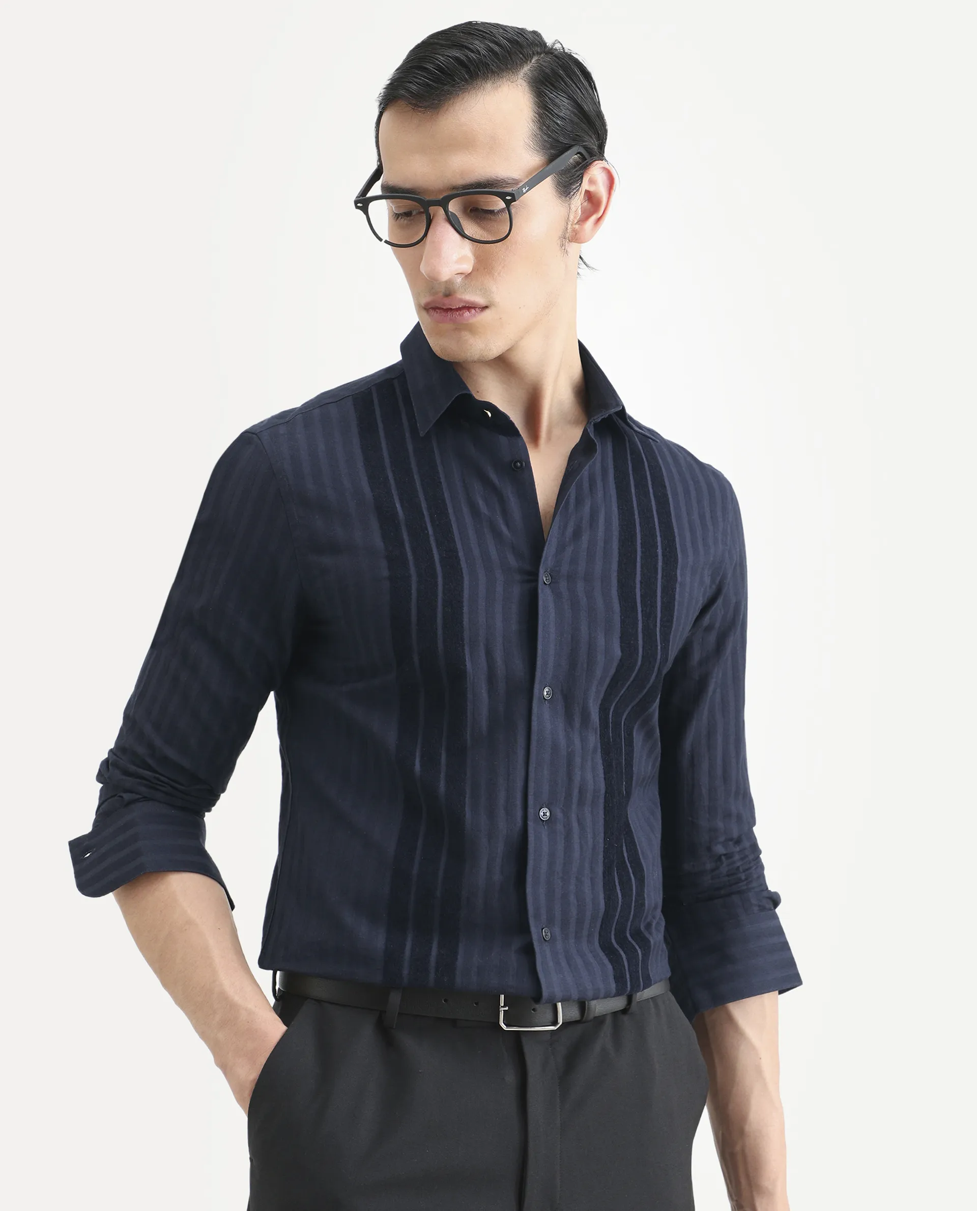 Rare Rabbit Men's Marlo-25 Navy Cotton Striped Print Regular Fit Full Sleeve Collared Shirt - Image 3