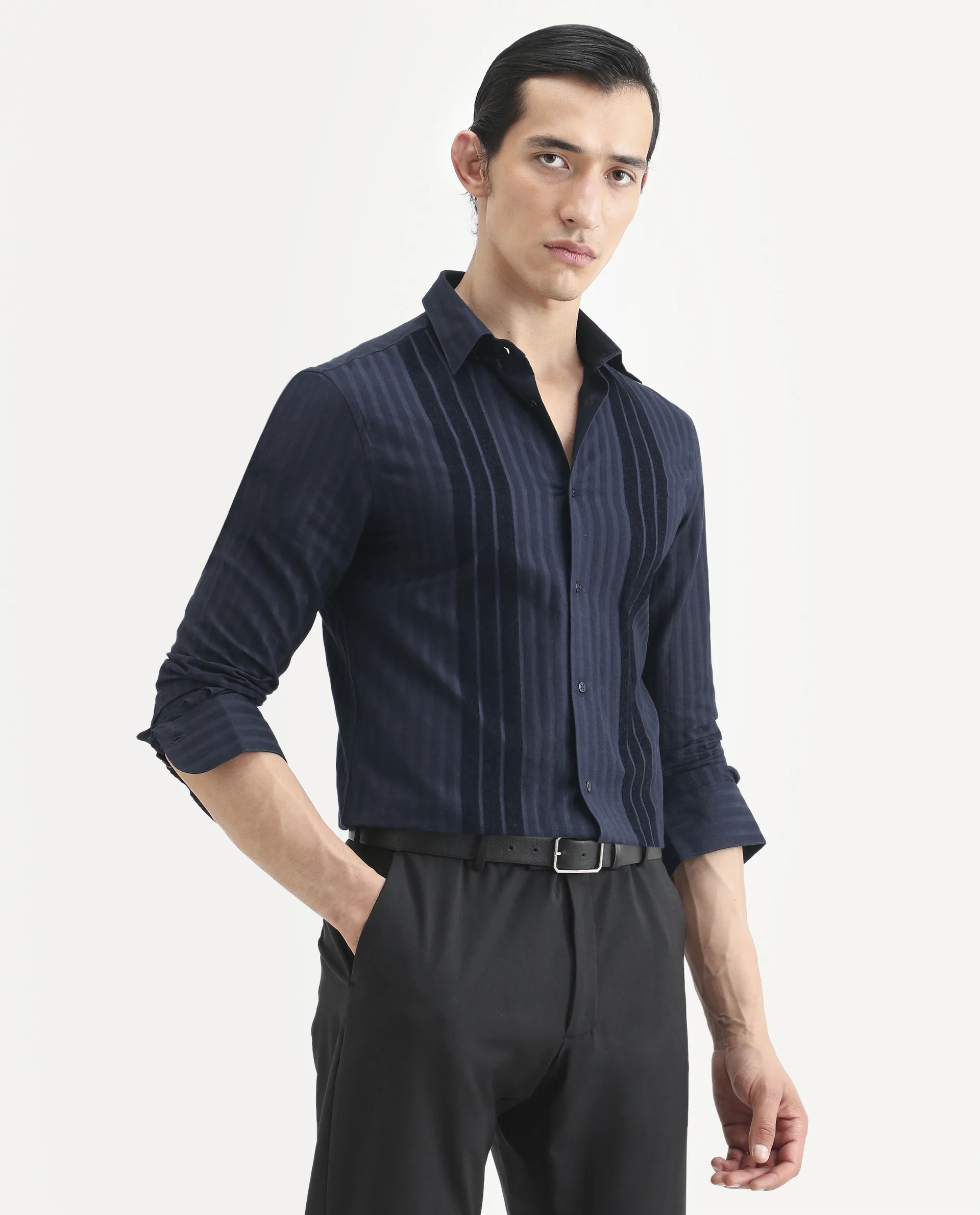Rare Rabbit Men's Marlo-25 Navy Cotton Striped Print Regular Fit Full Sleeve Collared Shirt - Image 5