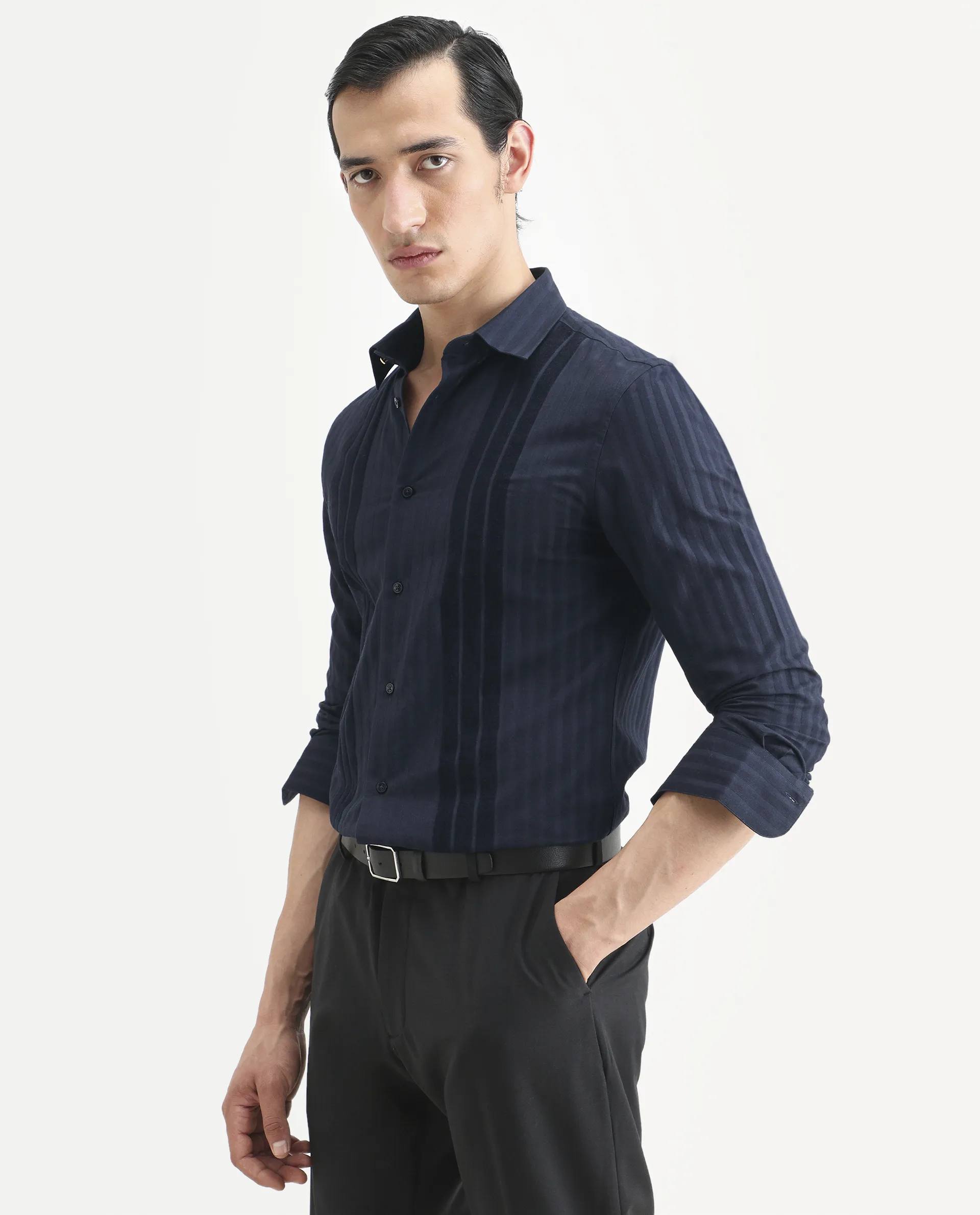 Rare Rabbit Men's Marlo-25 Navy Cotton Striped Print Regular Fit Full Sleeve Collared Shirt - Image 6