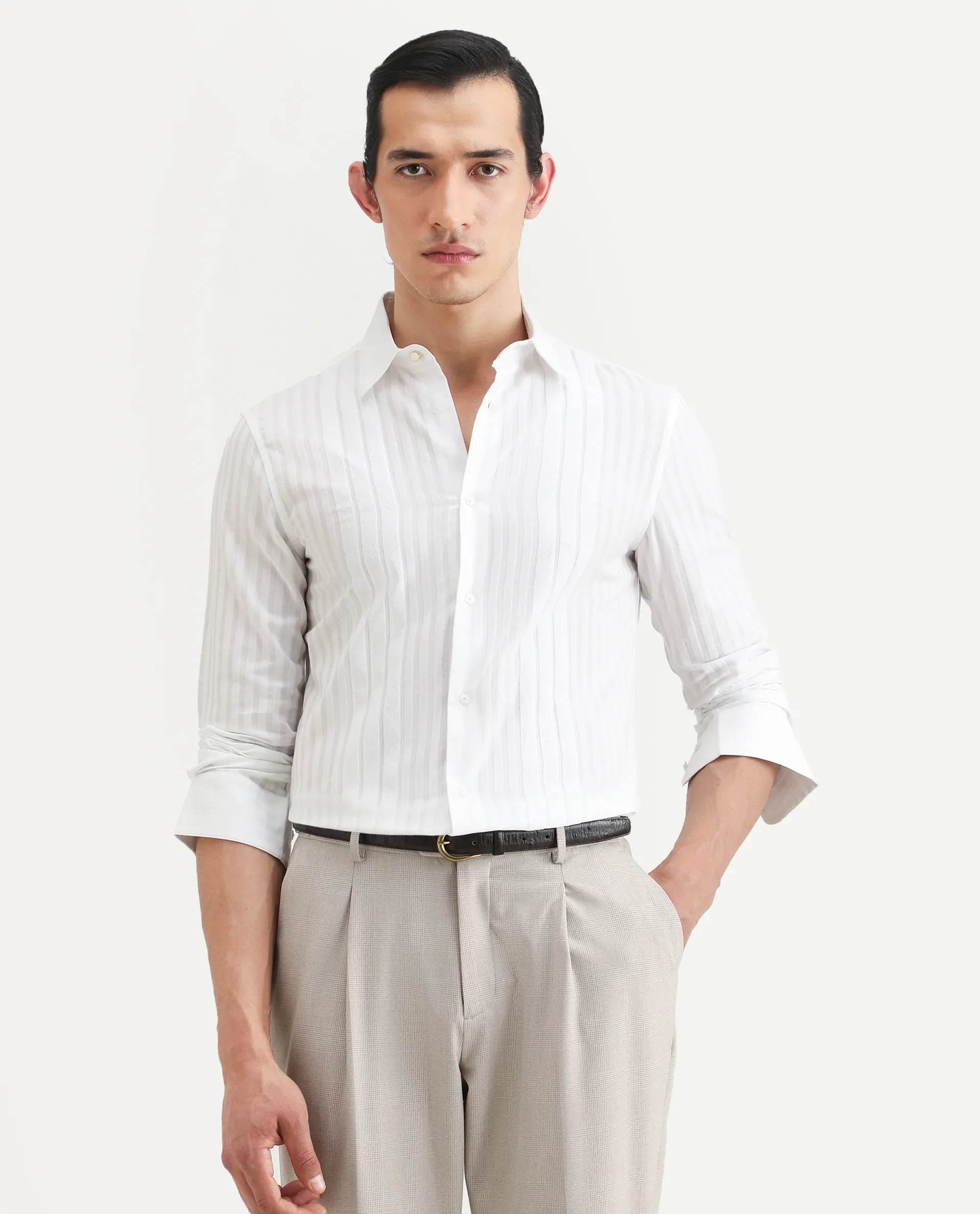 Rare Rabbit Men's Marlo-25 White Cotton Striped Print Regular Fit Full Sleeve Collared Shirt - Image 3
