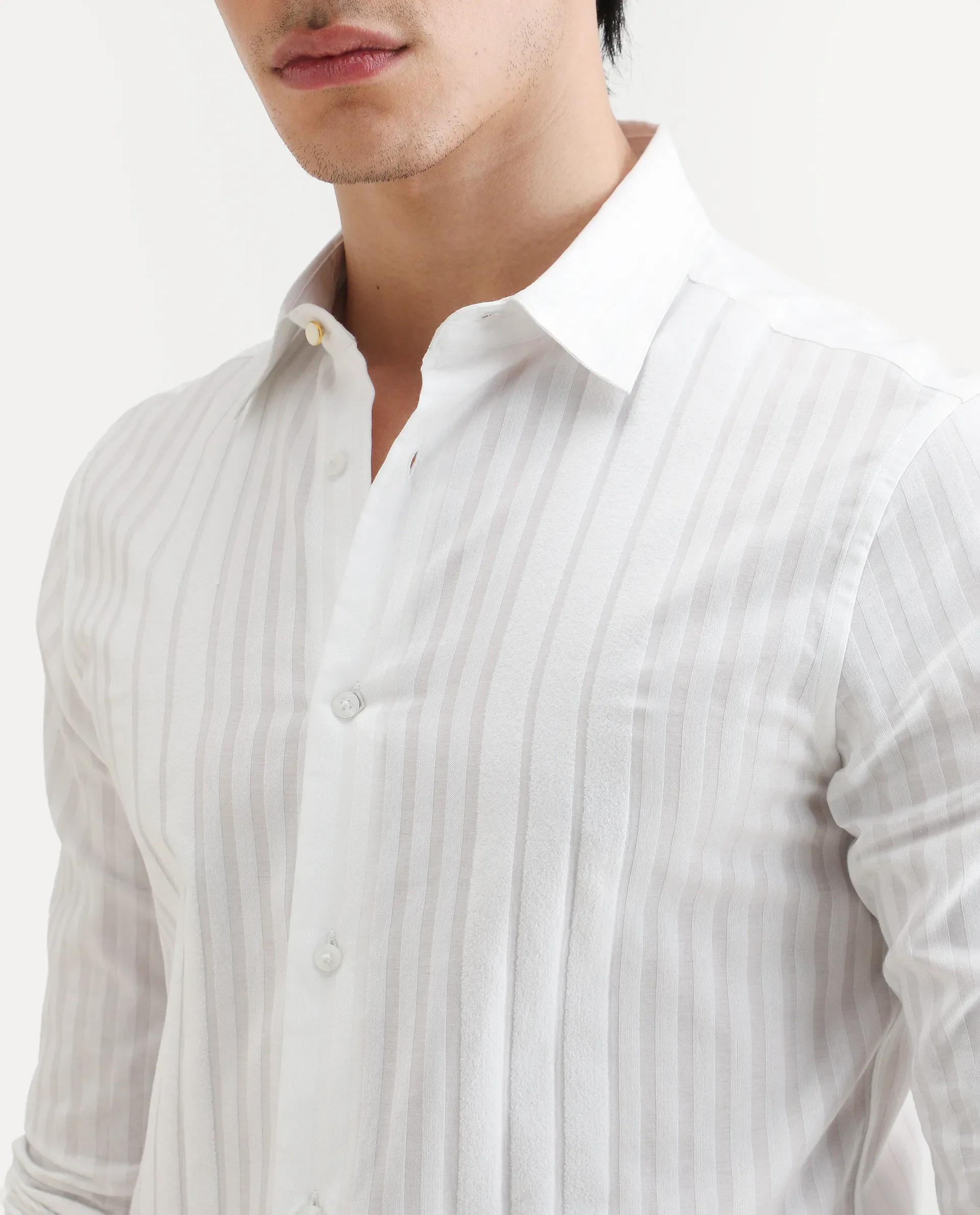 Rare Rabbit Men's Marlo-25 White Cotton Striped Print Regular Fit Full Sleeve Collared Shirt - Image 4