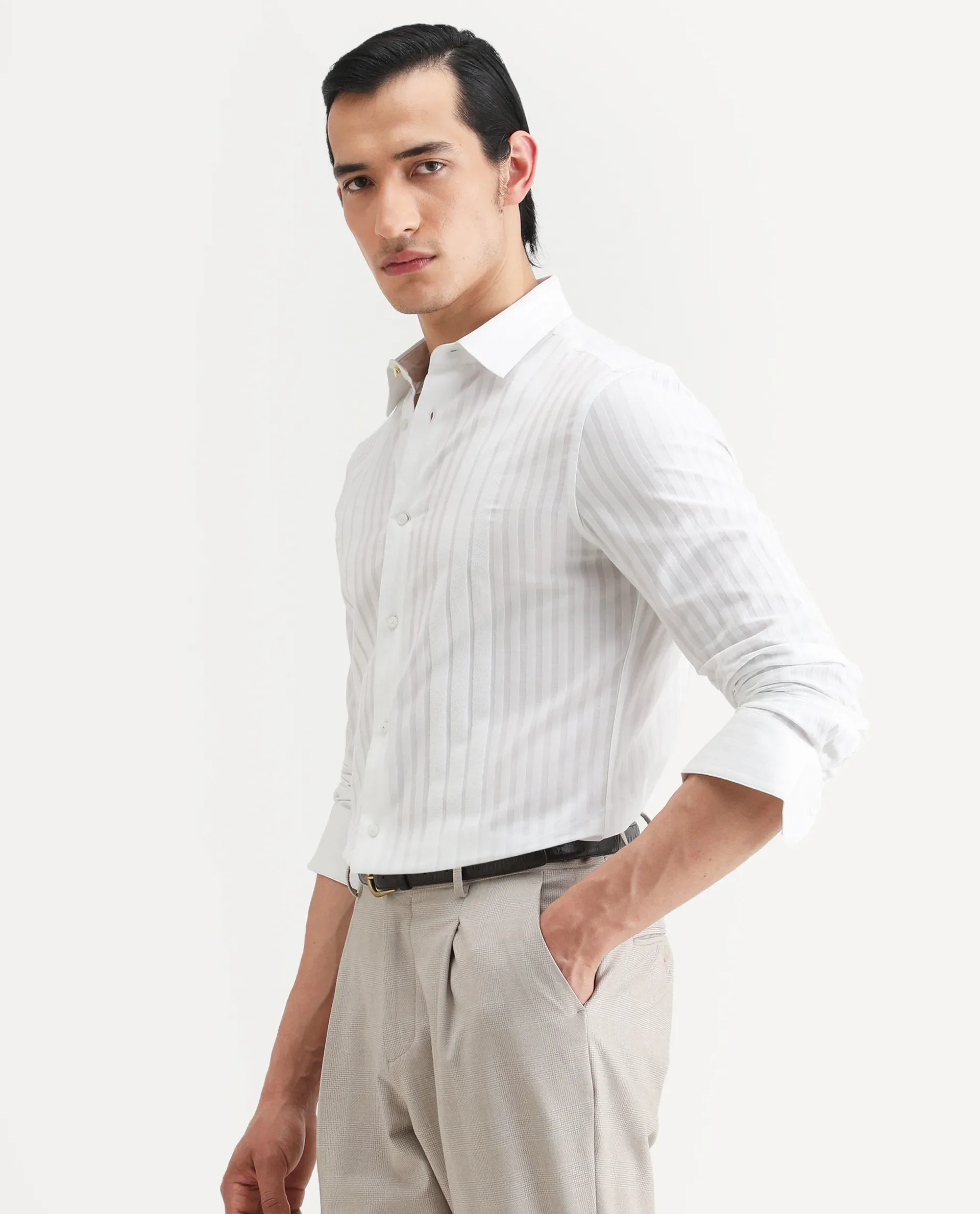 Rare Rabbit Men's Marlo-25 White Cotton Striped Print Regular Fit Full Sleeve Collared Shirt - Image 5