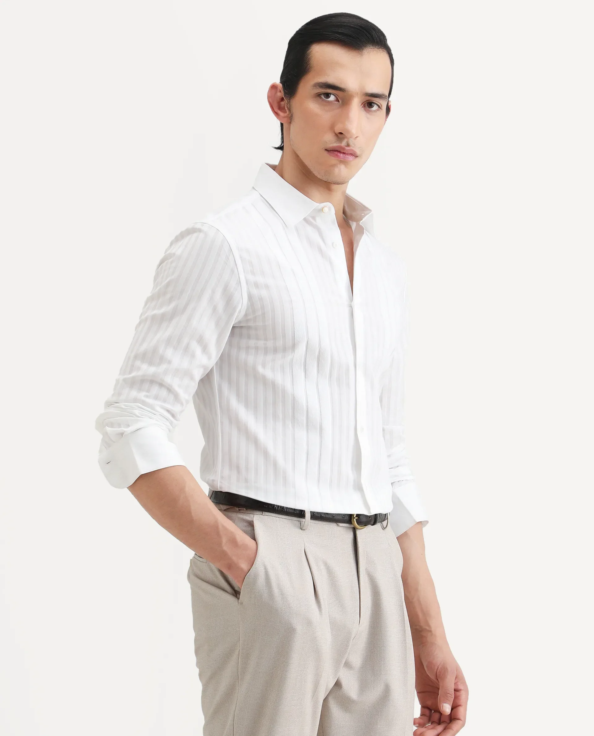 Rare Rabbit Men's Marlo-25 White Cotton Striped Print Regular Fit Full Sleeve Collared Shirt - Image 6