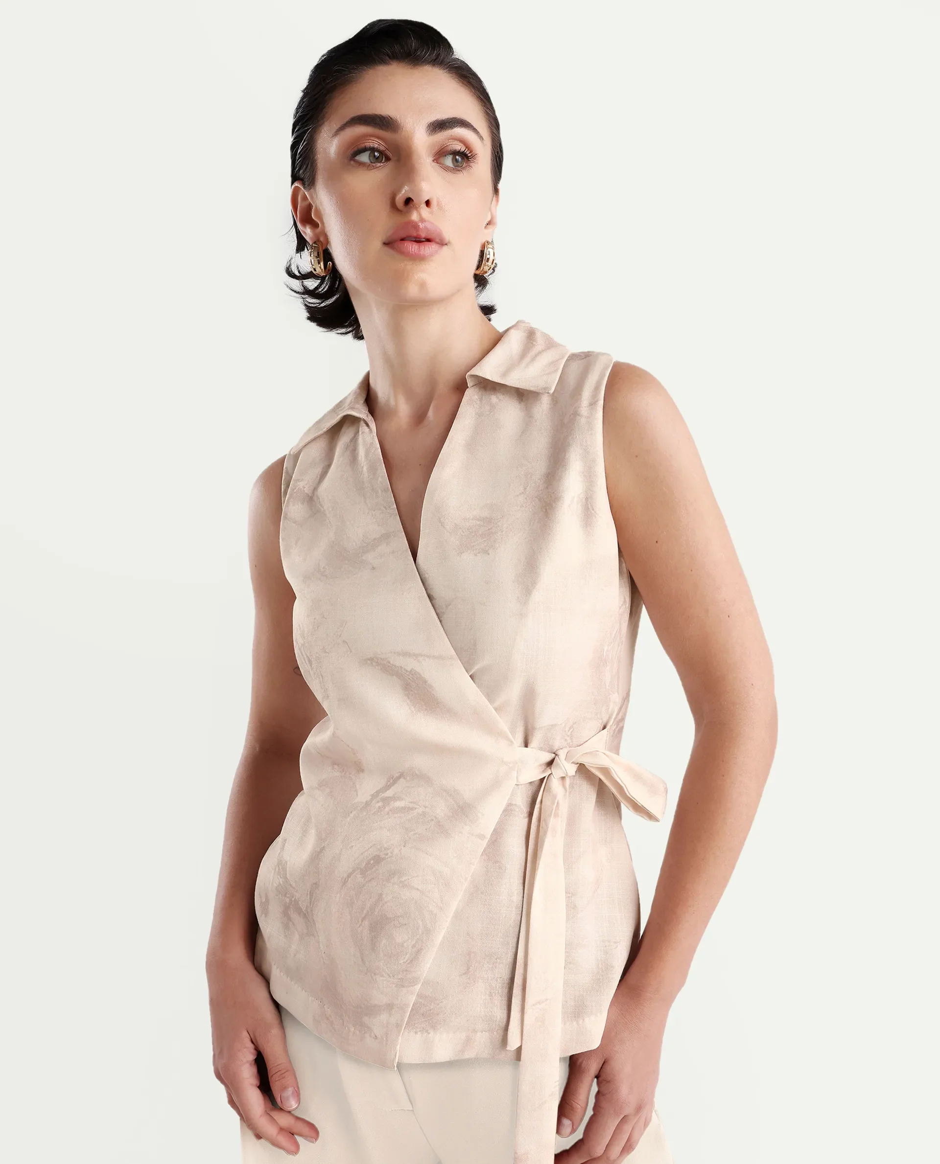 Rareism Women's Marlopo Light Beige Polyester Jonny Collar Fitted Top - Image 2
