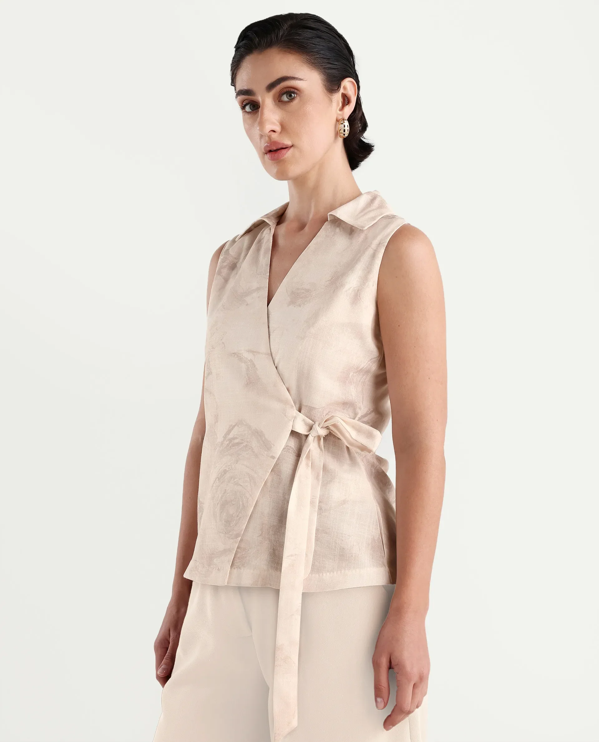 Rareism Women's Marlopo Light Beige Polyester Jonny Collar Fitted Top - Image 5