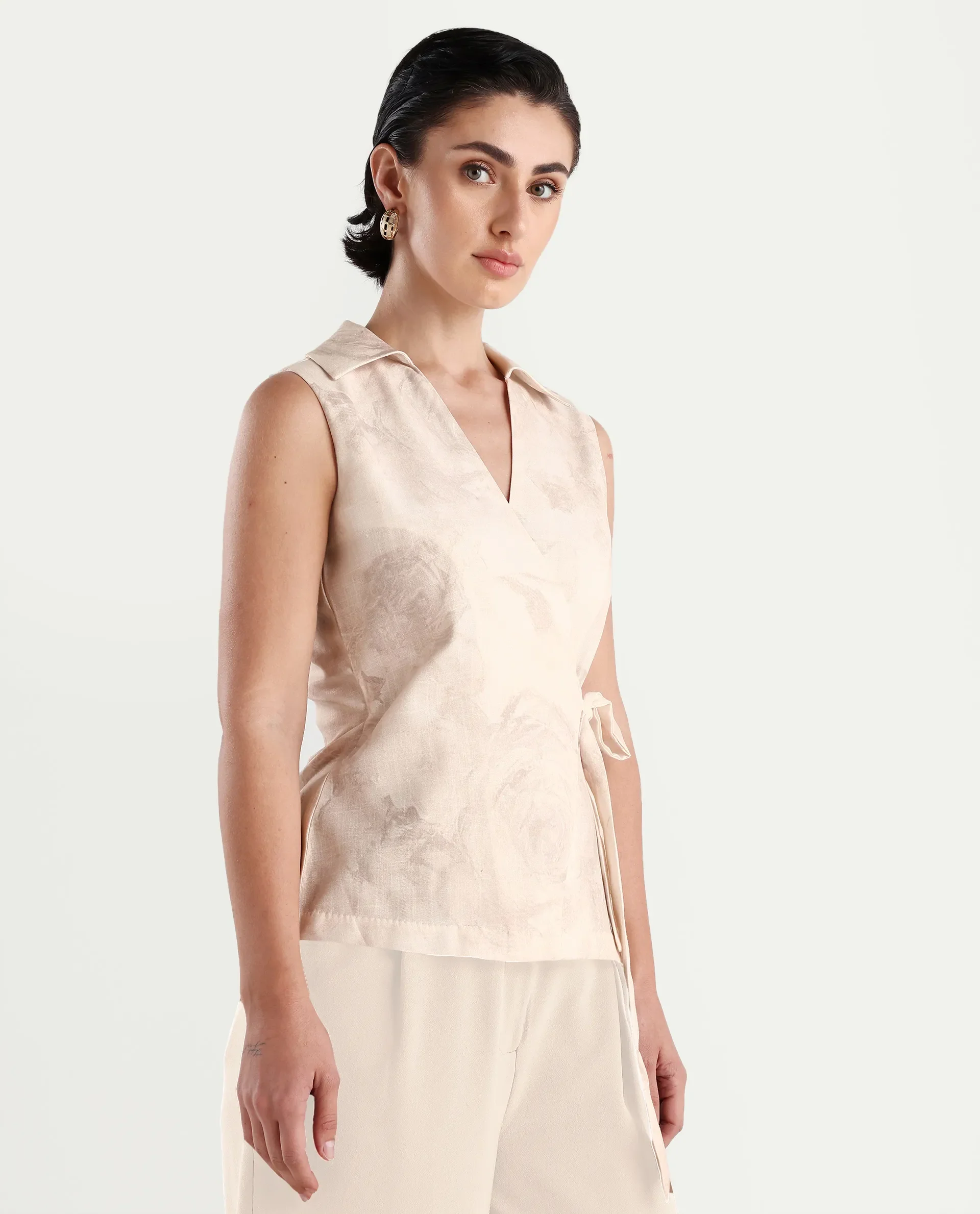 Rareism Women's Marlopo Light Beige Polyester Jonny Collar Fitted Top - Image 6