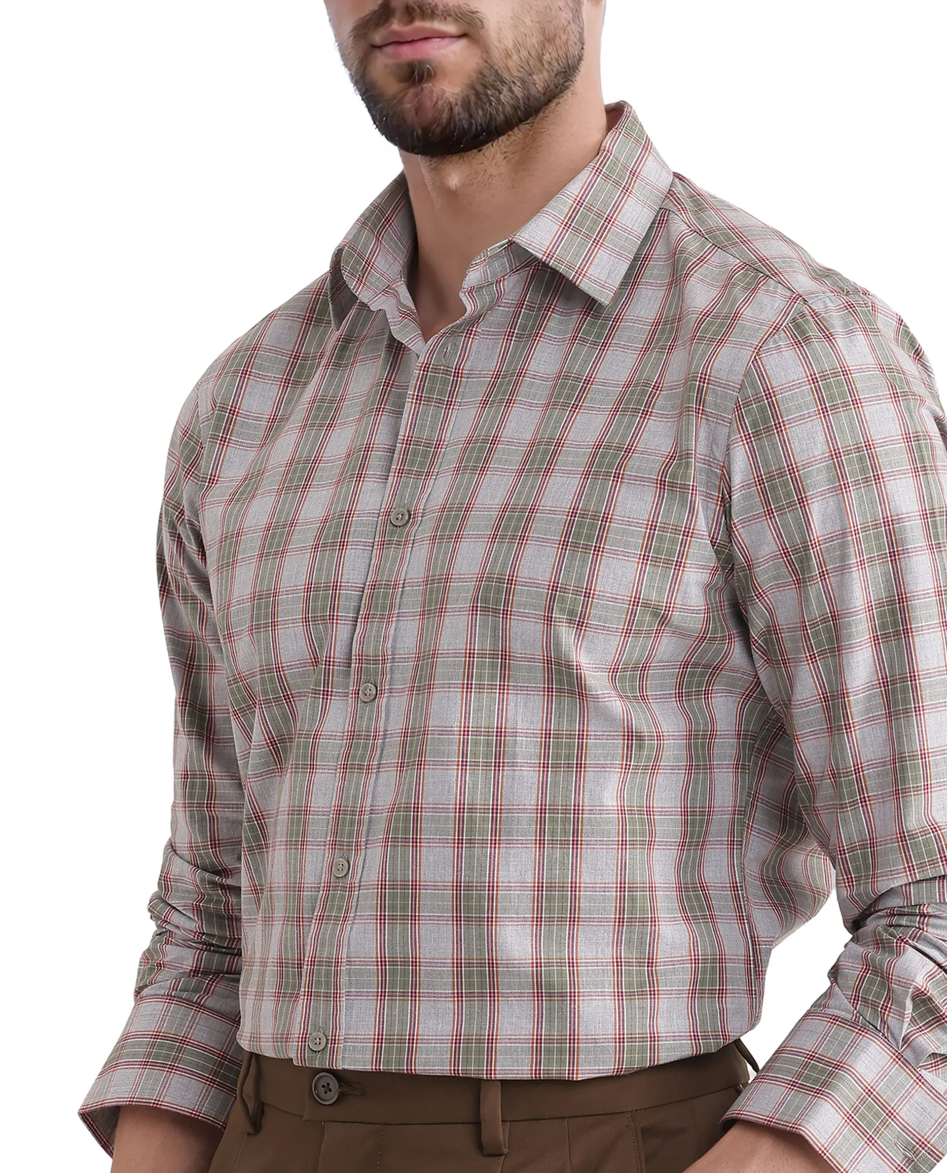 Rare Rabbit Men's Marn Dusky Green Cotton Checked Print Regular Fit Full Sleeve Collared Shirt - Image 4