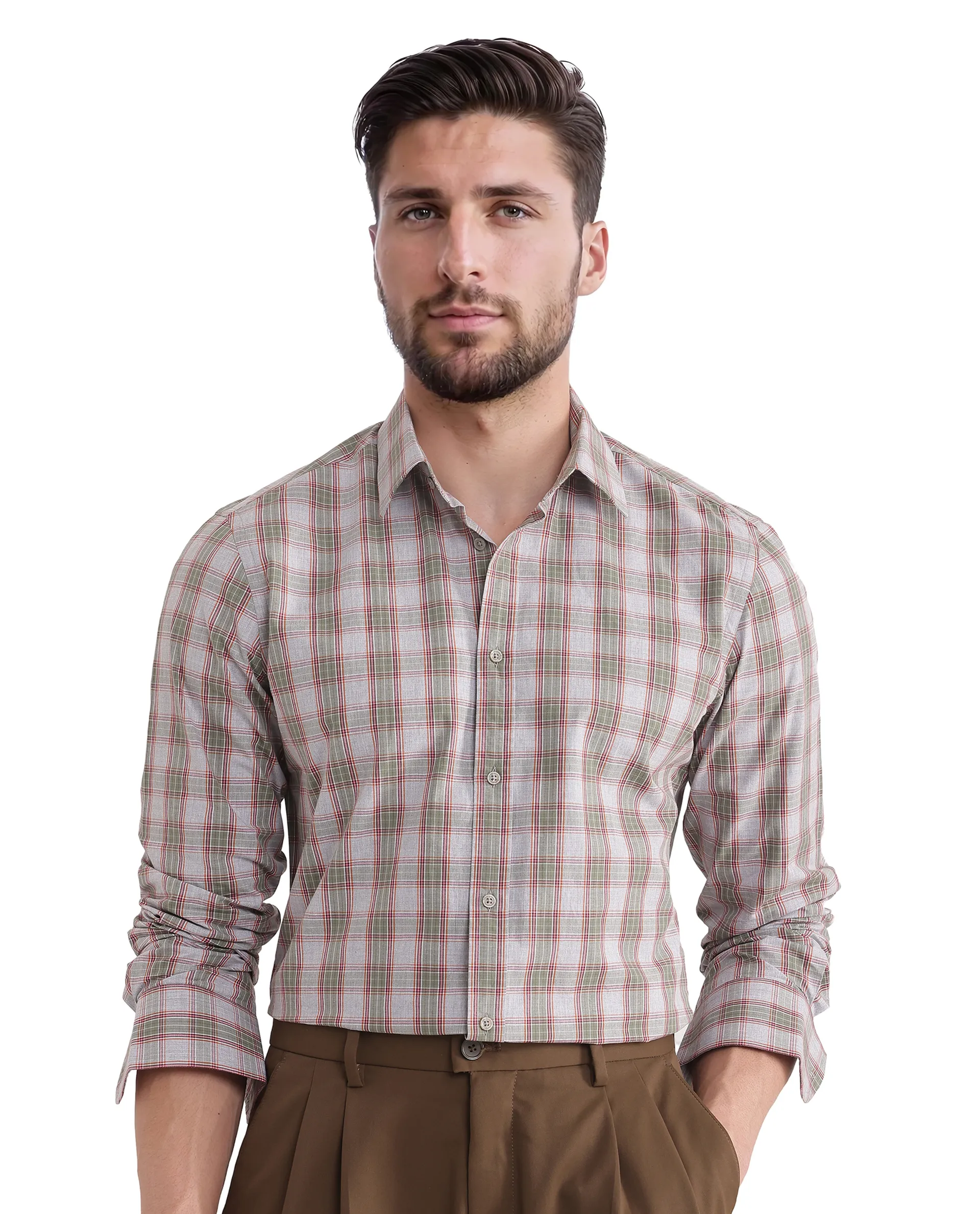 Rare Rabbit Men's Marn Dusky Green Cotton Checked Print Regular Fit Full Sleeve Collared Shirt - Image 5