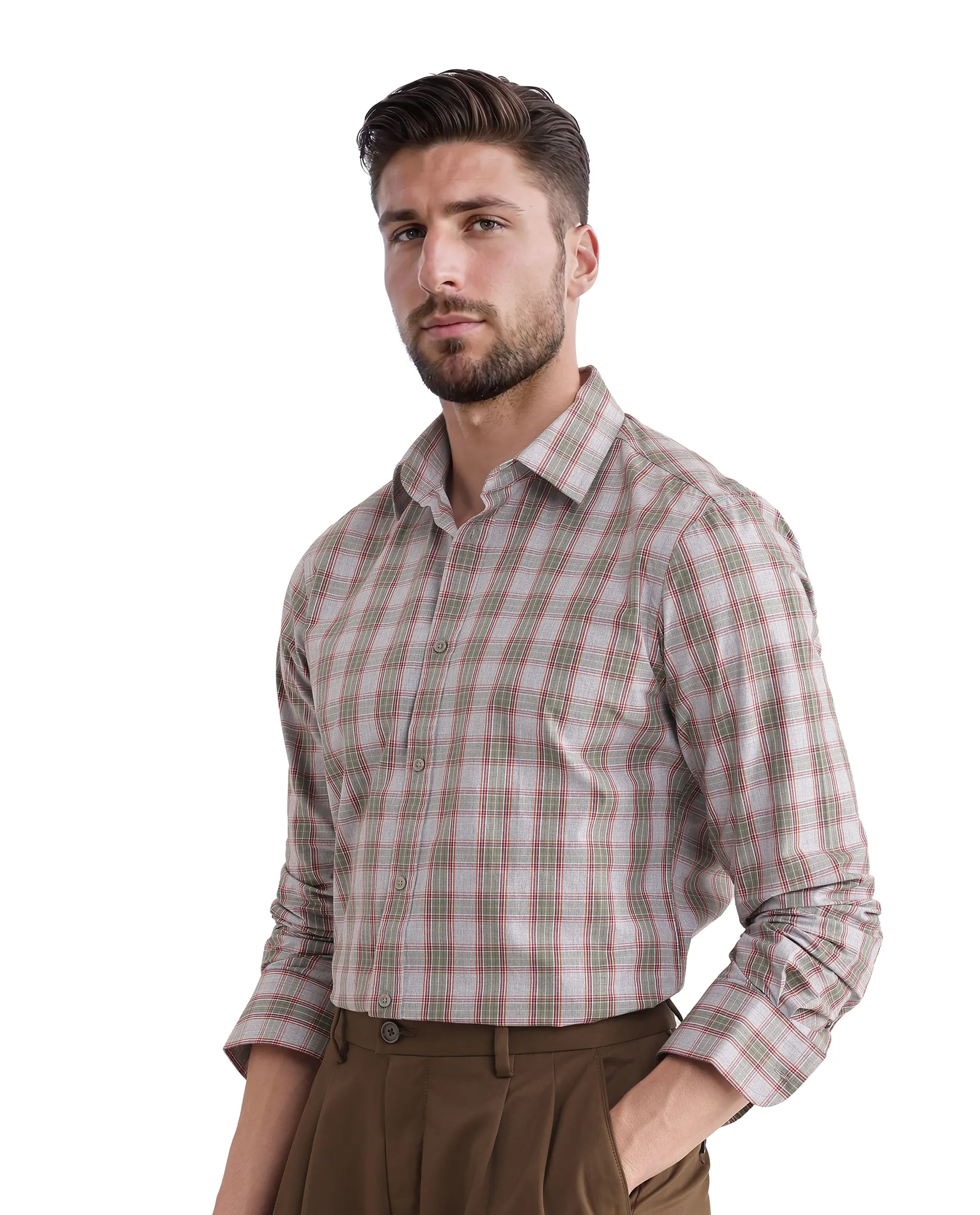 Rare Rabbit Men's Marn Dusky Green Cotton Checked Print Regular Fit Full Sleeve Collared Shirt - Image 6