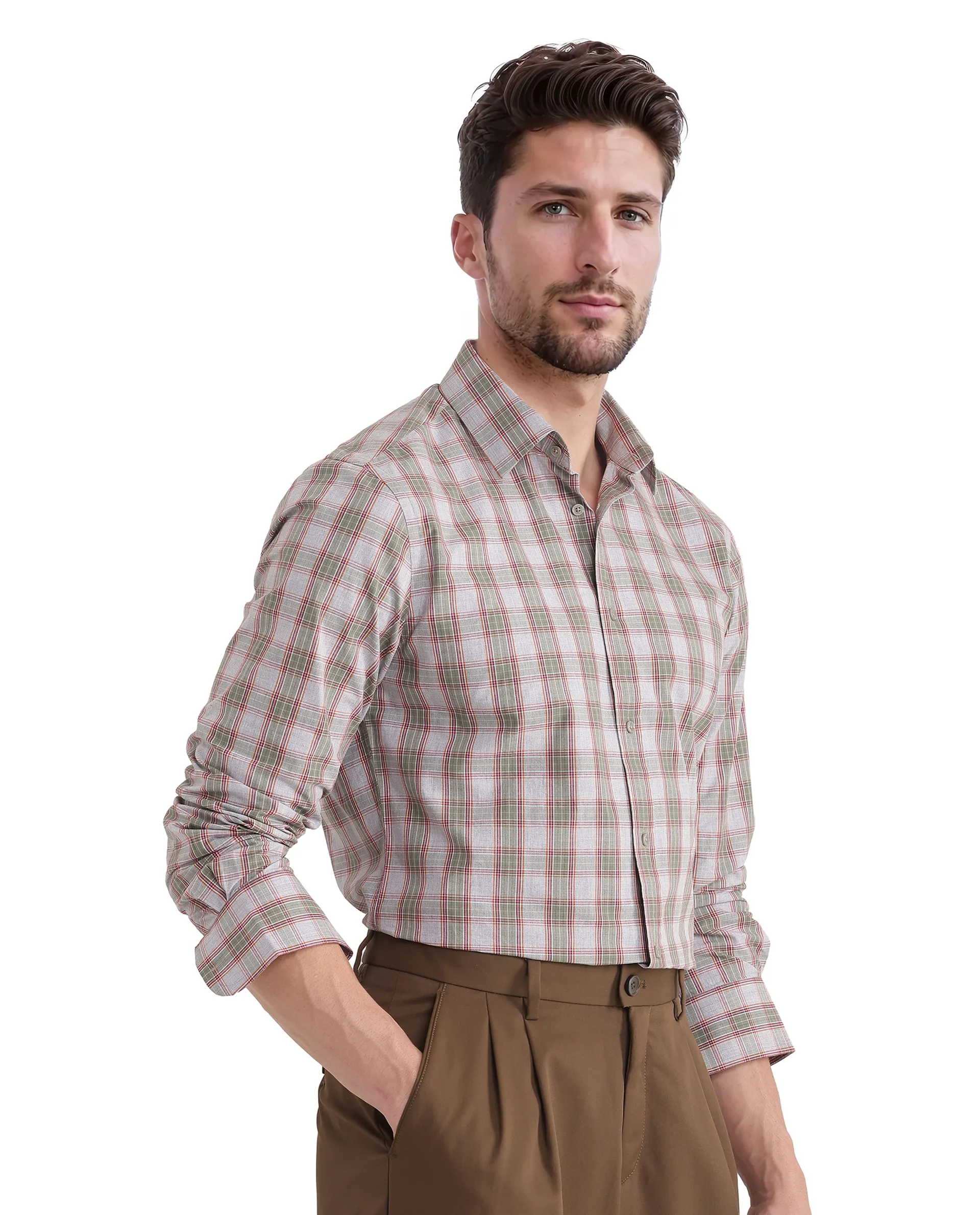 Rare Rabbit Men's Marn Dusky Green Cotton Checked Print Regular Fit Full Sleeve Collared Shirt - Image 7