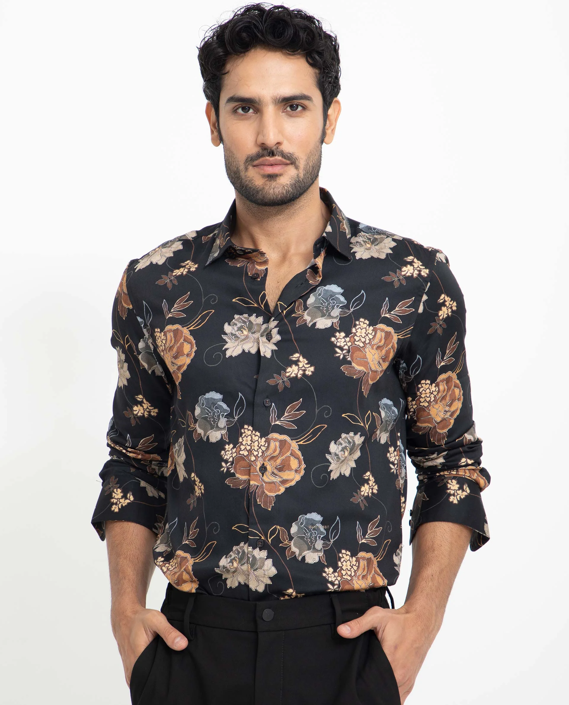 Rare Rabbit Men's Marne Black Cotton Floral Print Regular Fit Full Sleeve Collared Shirt - Image 3