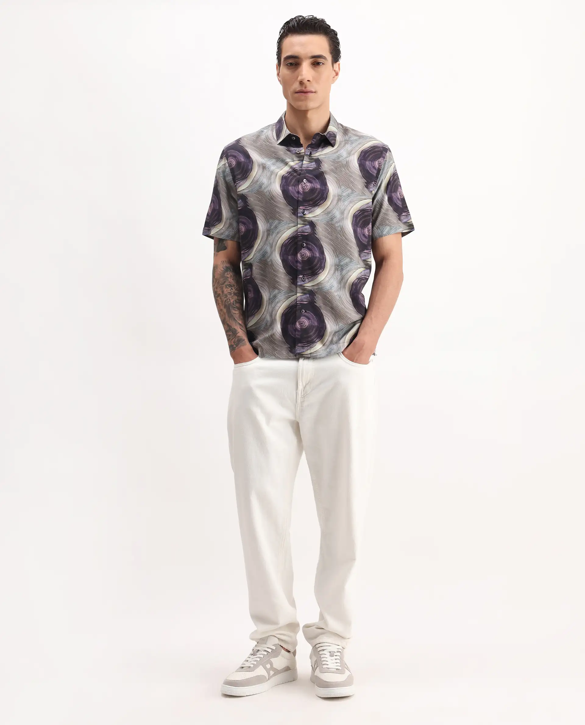 Rare Rabbit Men's Marock-25 Light Grey Viscose Abstract Print Regular Fit Half Sleeve Collared Shirt - Image 2