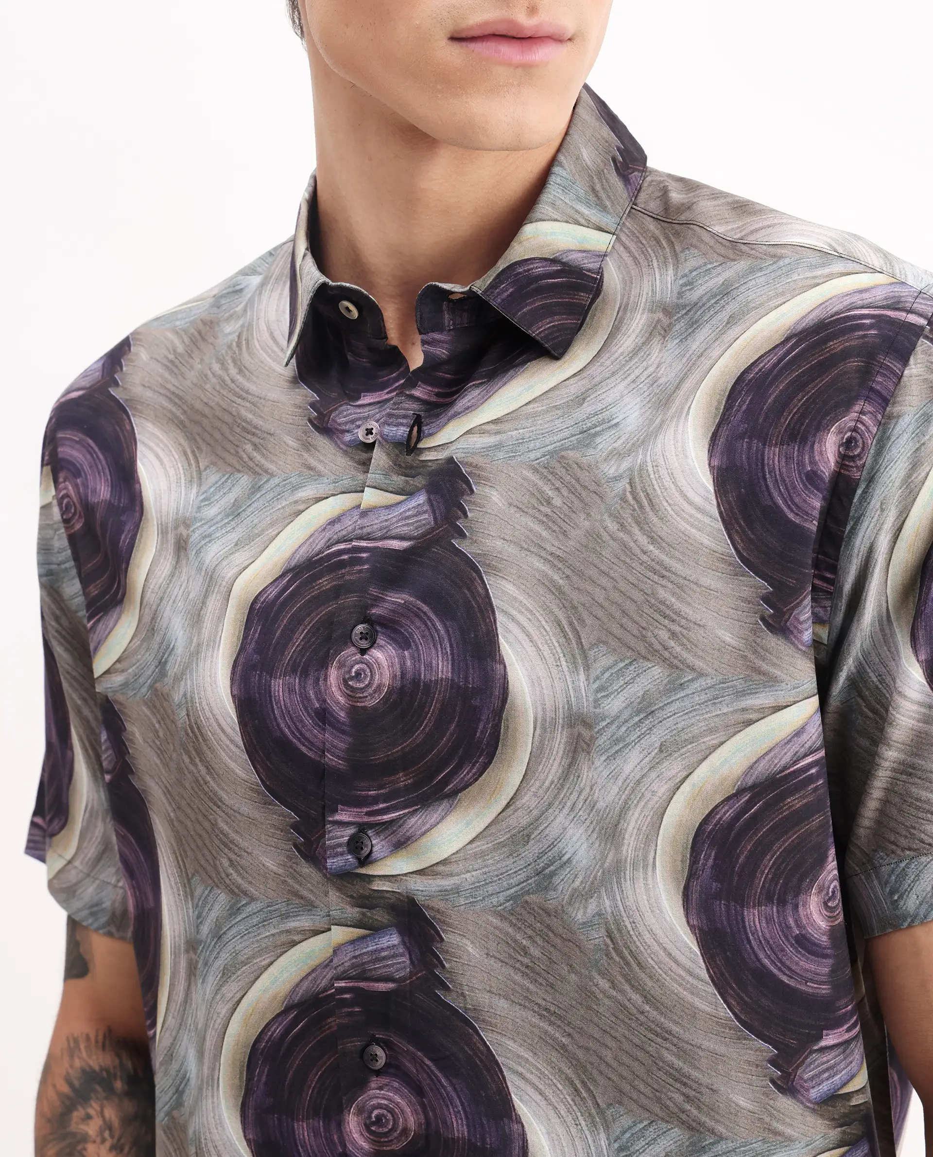 Rare Rabbit Men's Marock-25 Light Grey Viscose Abstract Print Regular Fit Half Sleeve Collared Shirt - Image 3