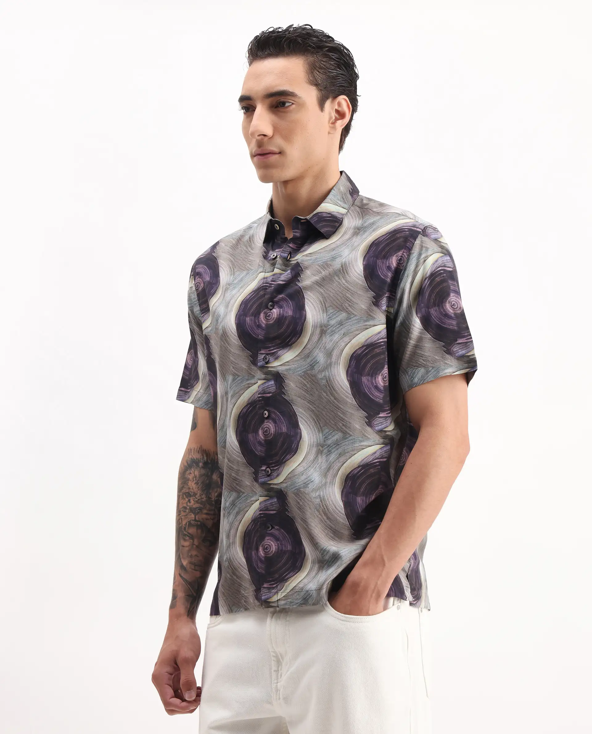 Rare Rabbit Men's Marock-25 Light Grey Viscose Abstract Print Regular Fit Half Sleeve Collared Shirt - Image 4