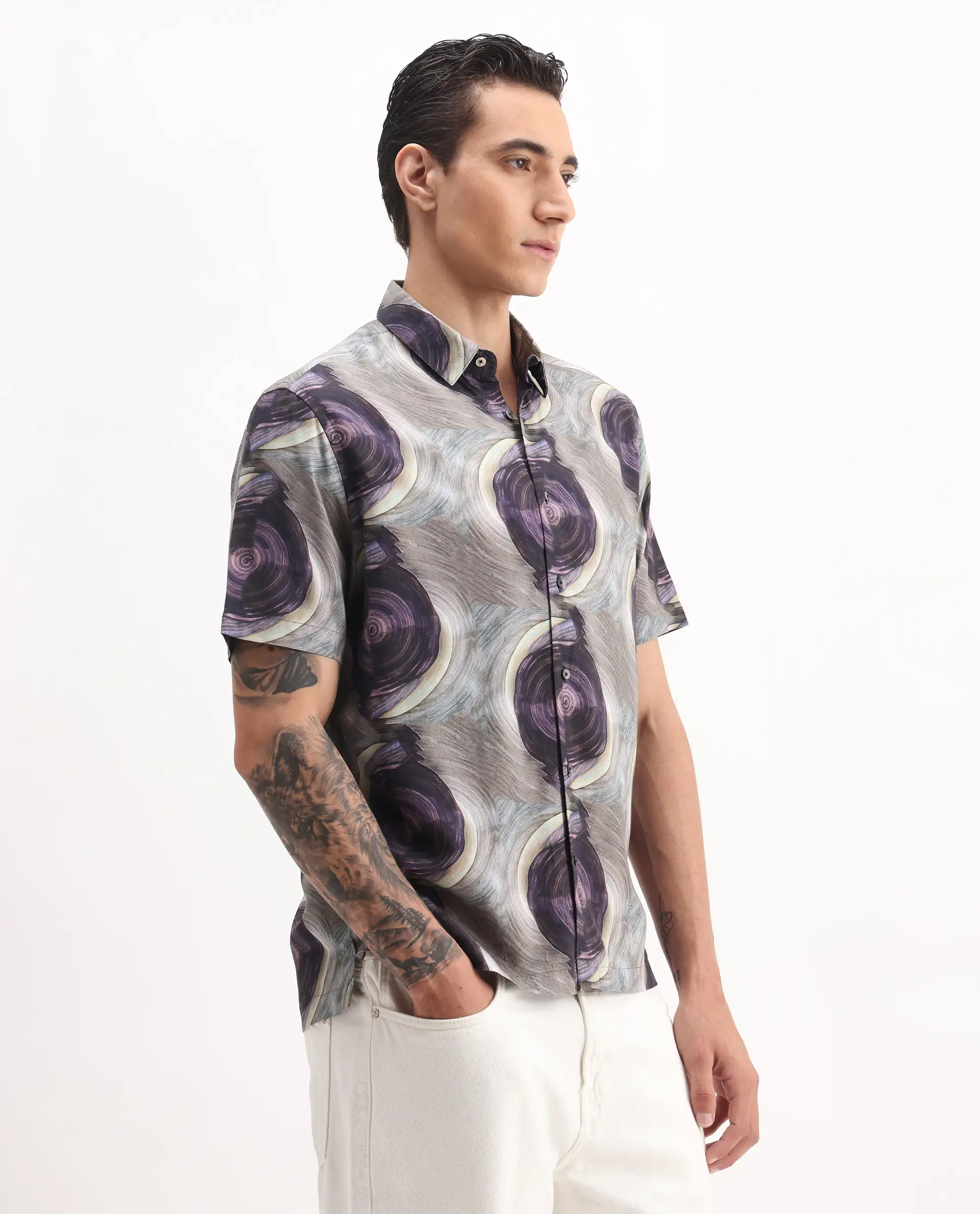 Rare Rabbit Men's Marock-25 Light Grey Viscose Abstract Print Regular Fit Half Sleeve Collared Shirt - Image 5