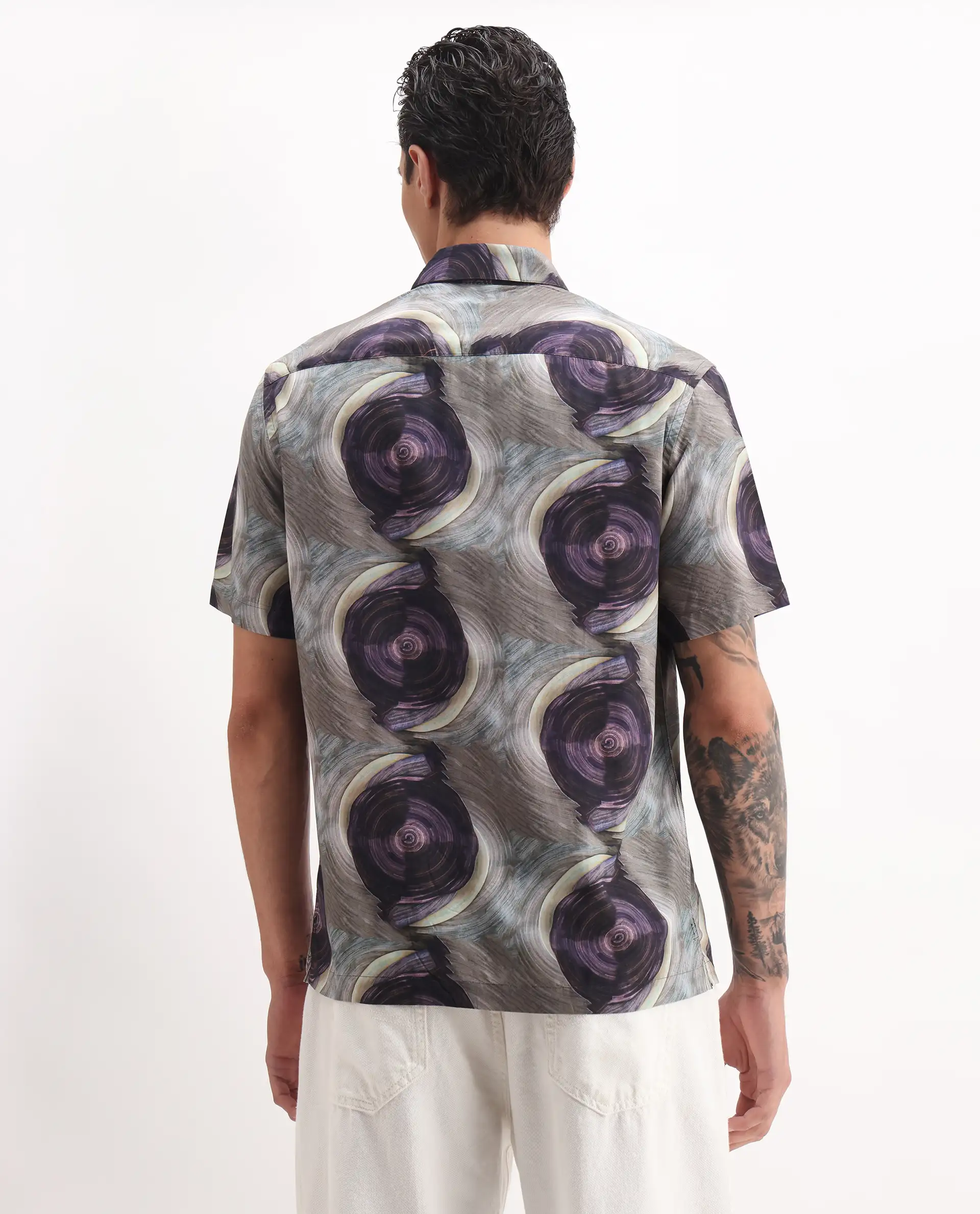 Rare Rabbit Men's Marock-25 Light Grey Viscose Abstract Print Regular Fit Half Sleeve Collared Shirt - Image 6