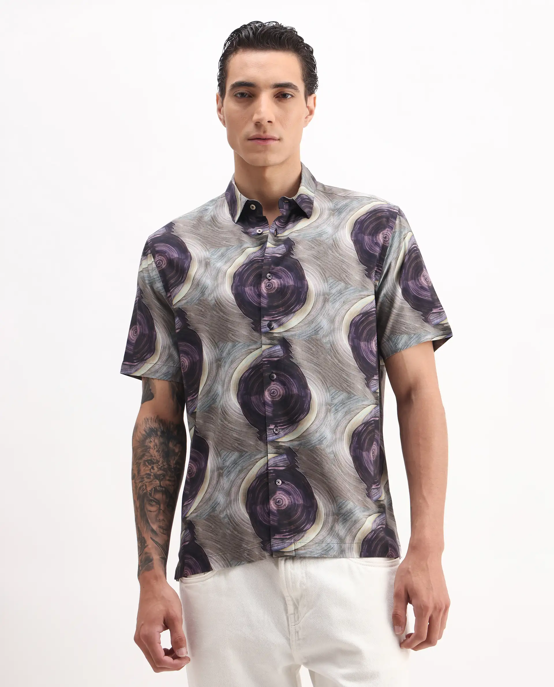 Rare Rabbit Men's Marock-25 Light Grey Viscose Abstract Print Regular Fit Half Sleeve Collared Shirt - Image 7