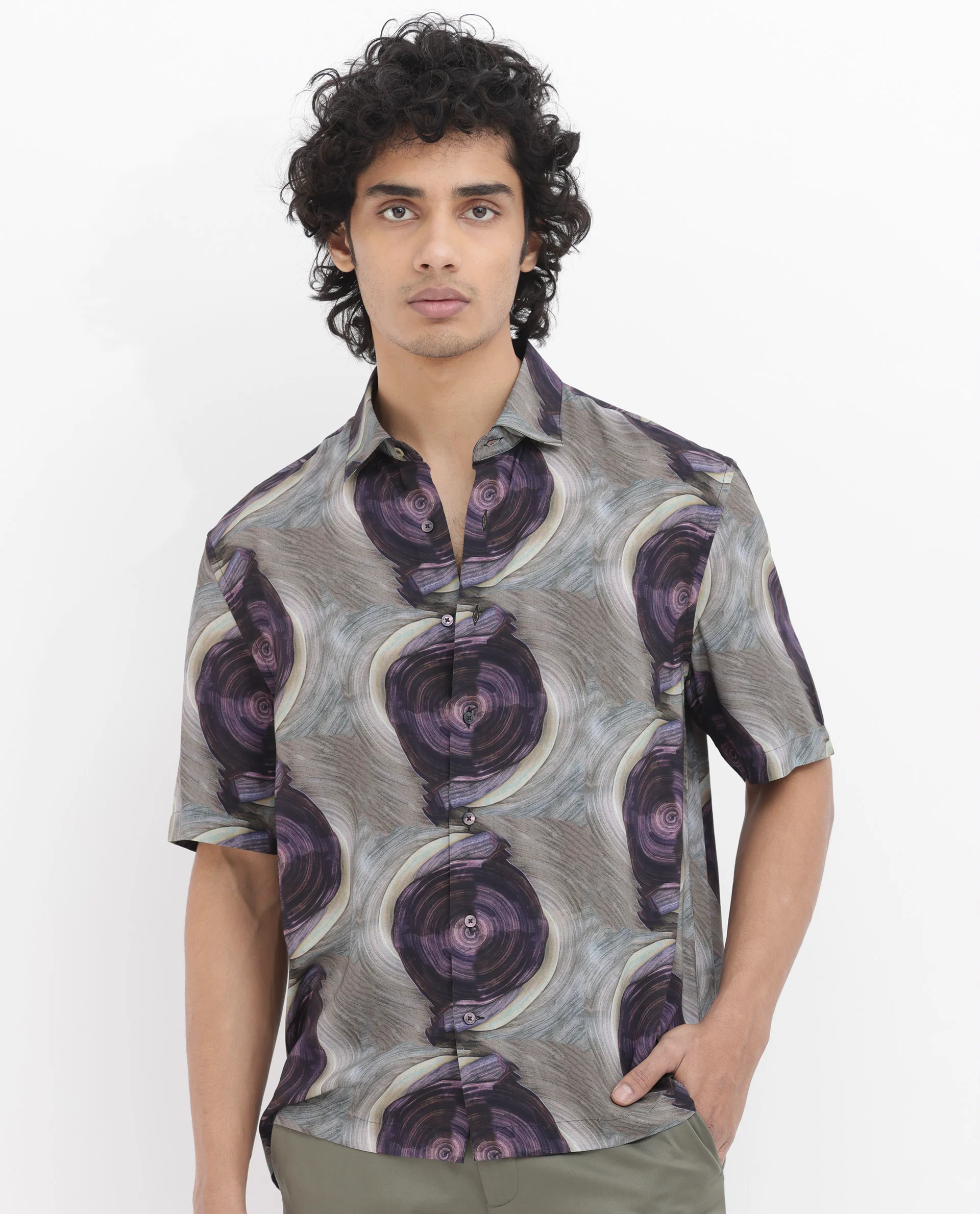 Rare Rabbit Men's Marock Dusky Olive Viscose Abstract Print Boxy Fit Half Sleeve Collared Shirt - Image 2