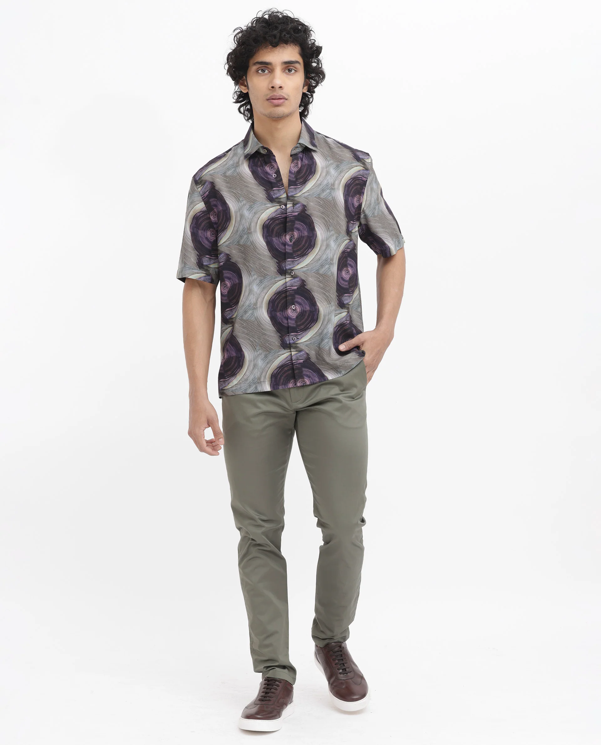Rare Rabbit Men's Marock Dusky Olive Viscose Abstract Print Boxy Fit Half Sleeve Collared Shirt - Image 3