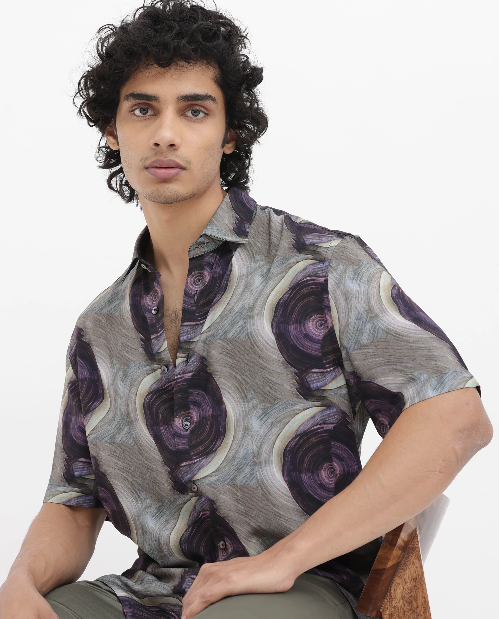 Rare Rabbit Men's Marock Dusky Olive Viscose Abstract Print Boxy Fit Half Sleeve Collared Shirt - Image 4