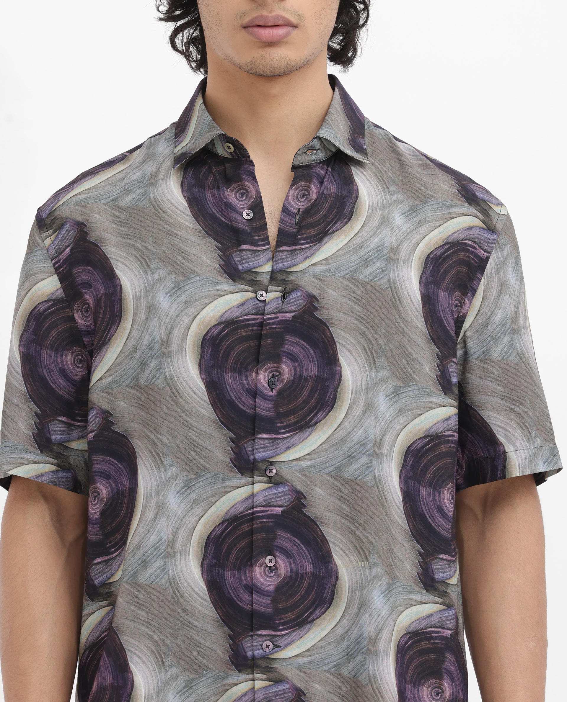 Rare Rabbit Men's Marock Dusky Olive Viscose Abstract Print Boxy Fit Half Sleeve Collared Shirt - Image 7