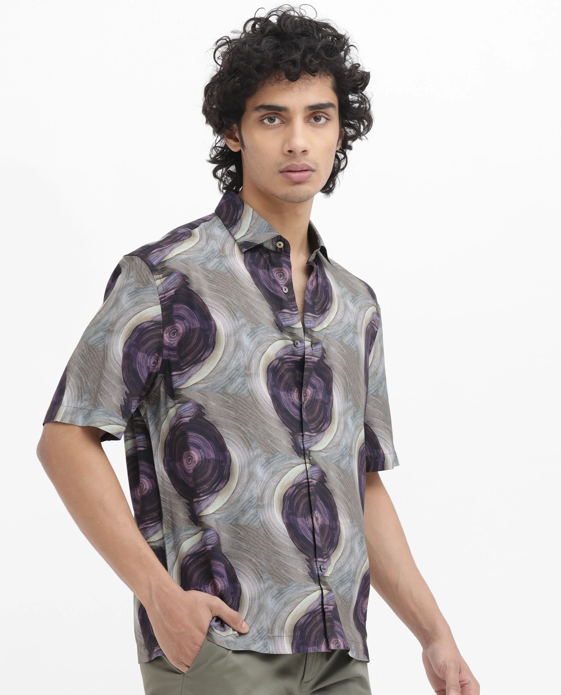 Rare Rabbit Men's Marock Dusky Olive Viscose Abstract Print Boxy Fit Half Sleeve Collared Shirt - Image 8
