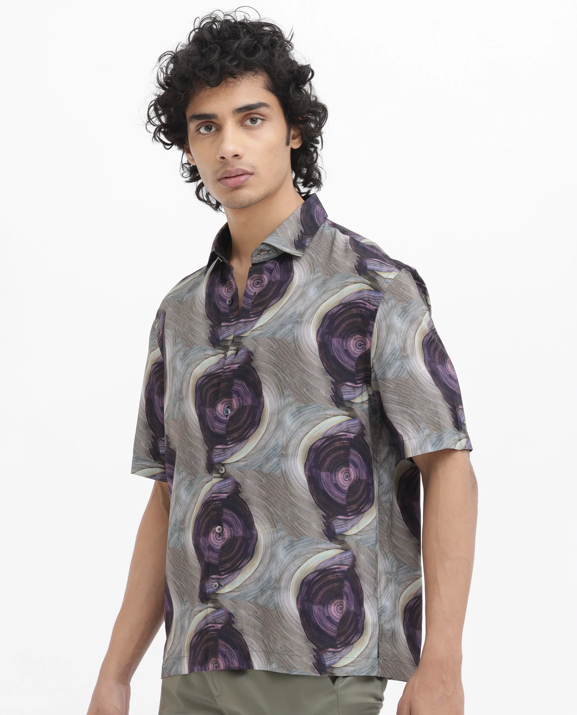 Rare Rabbit Men's Marock Dusky Olive Viscose Abstract Print Boxy Fit Half Sleeve Collared Shirt - Image 9