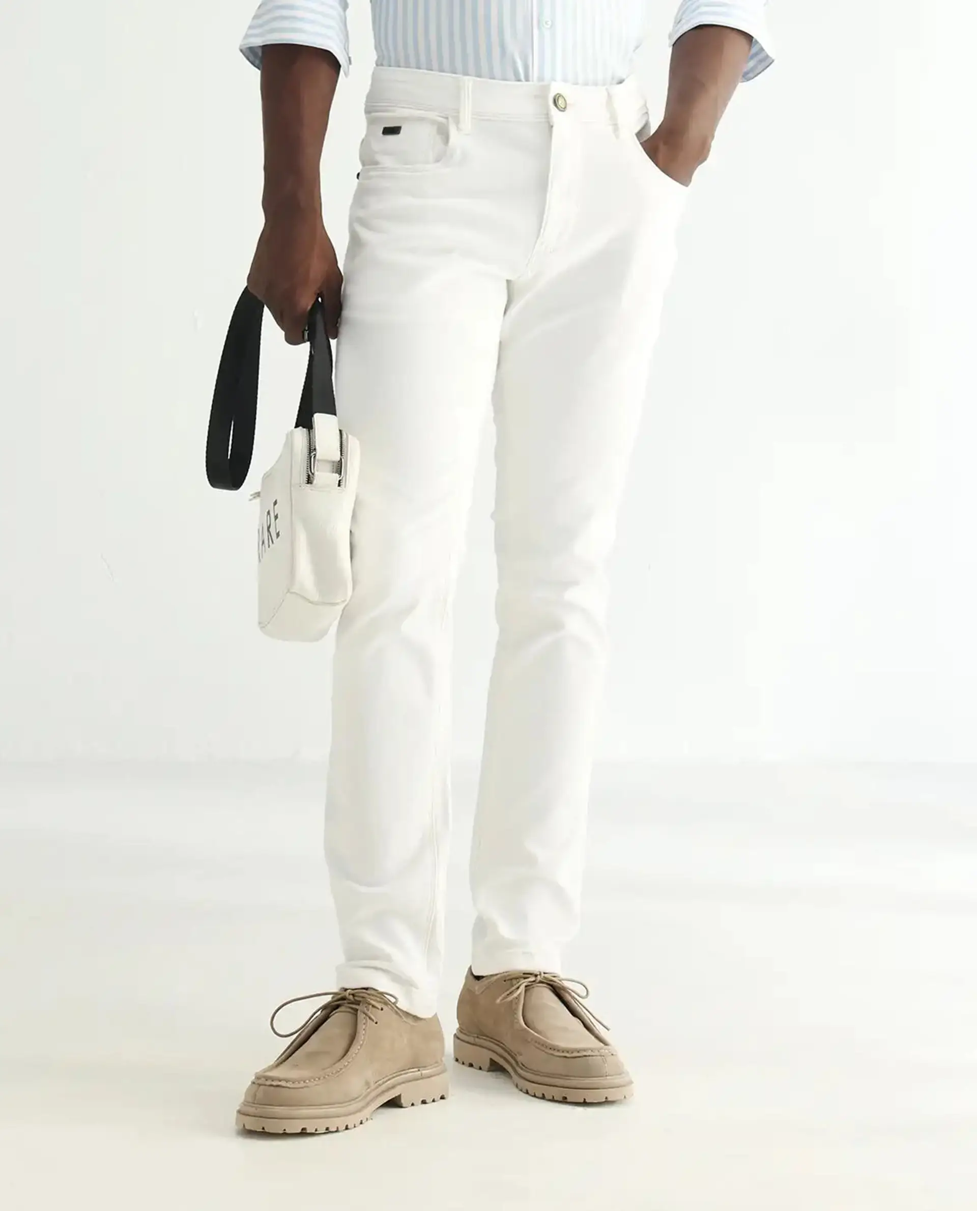 Rare Rabbit Men's Marowak Off White Cotton Plain Hawk Slim Fit Jeans - Image 10