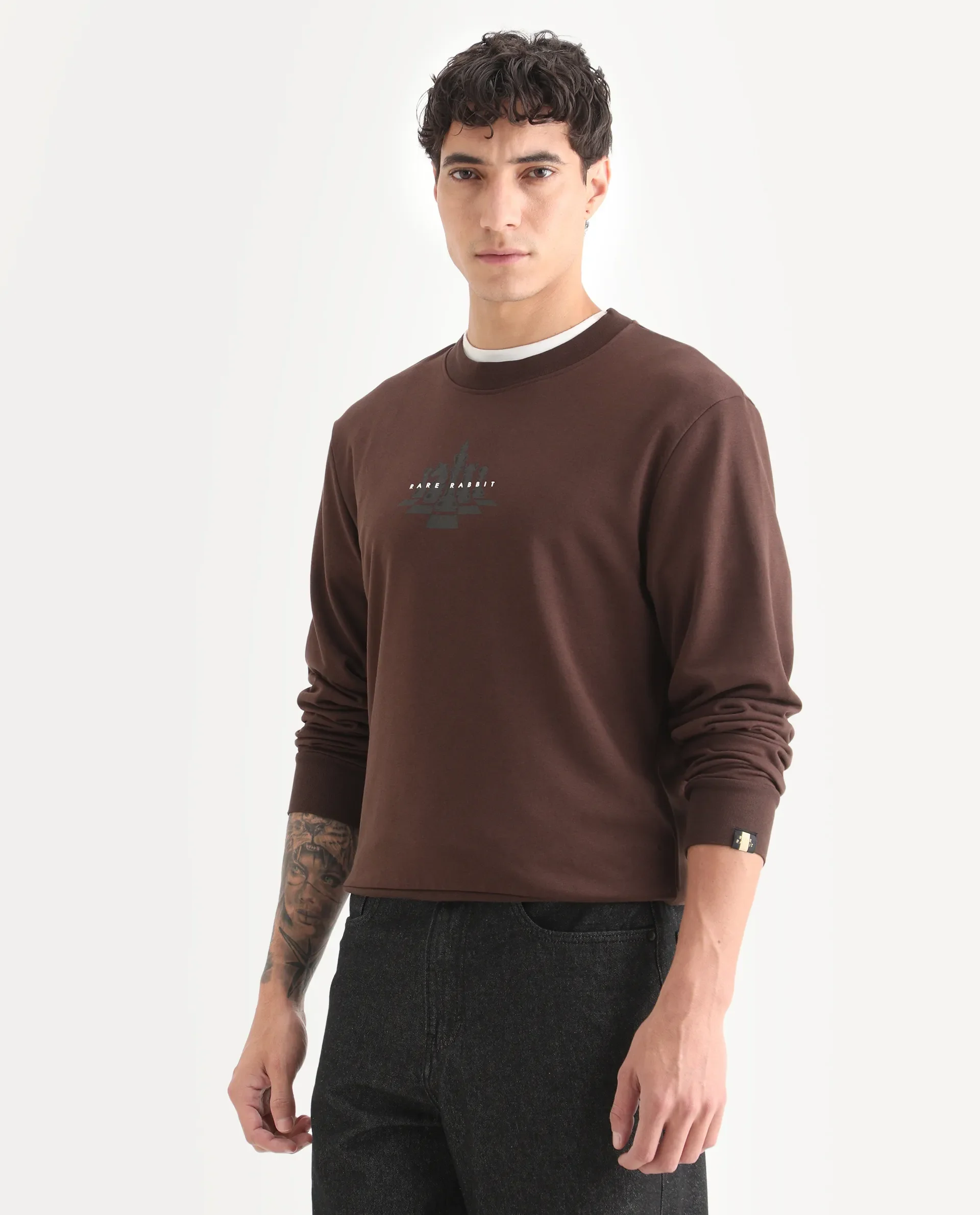 Rare Rabbit Men's Marq Dark Brown Polyester Graphic Print Regular Fit Full Sleeve Crew Neck Sweatshirt - Image 4